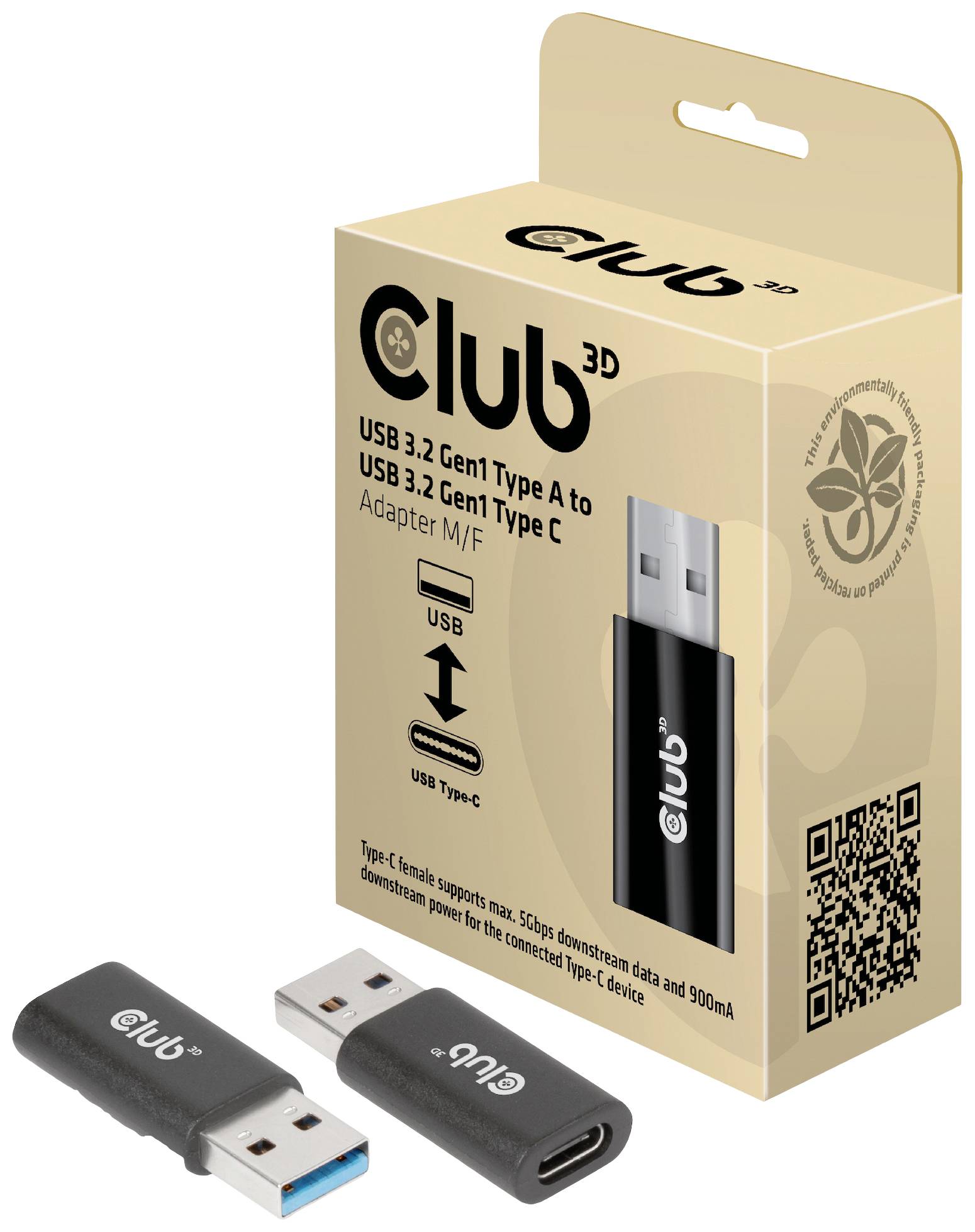 'Club 3D USB 3.2 Gen1 Tip A na Tip C adapter. Podržava brzinu punjenja do 5 Gbps. Sadrži USB i Tip-C priključke.'