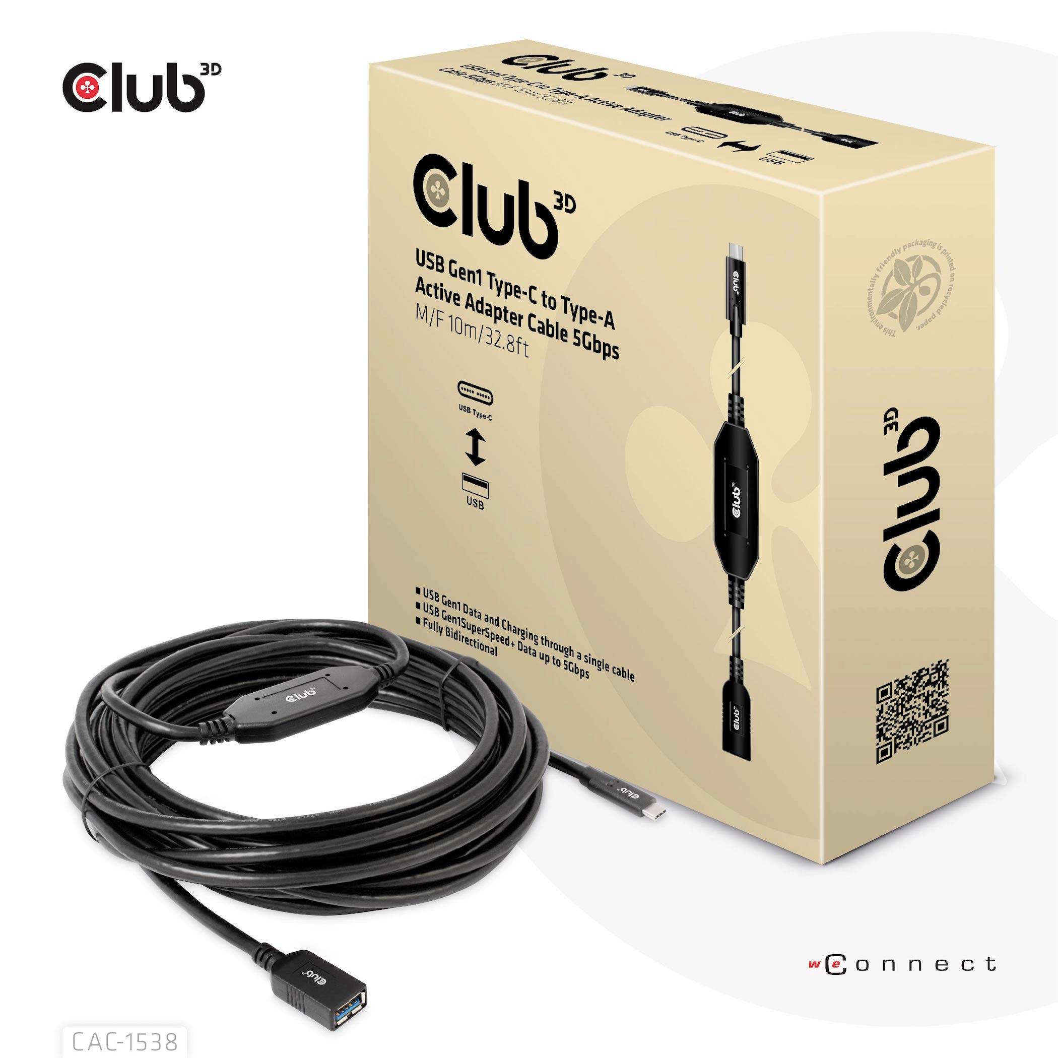 USB 3.2 Gen 1 Tip-C na Tip-A adapter kabel 'Club 3D' dužine 10 m i brzine prijenosa 5 Gbps. Prikaz pakiranja.