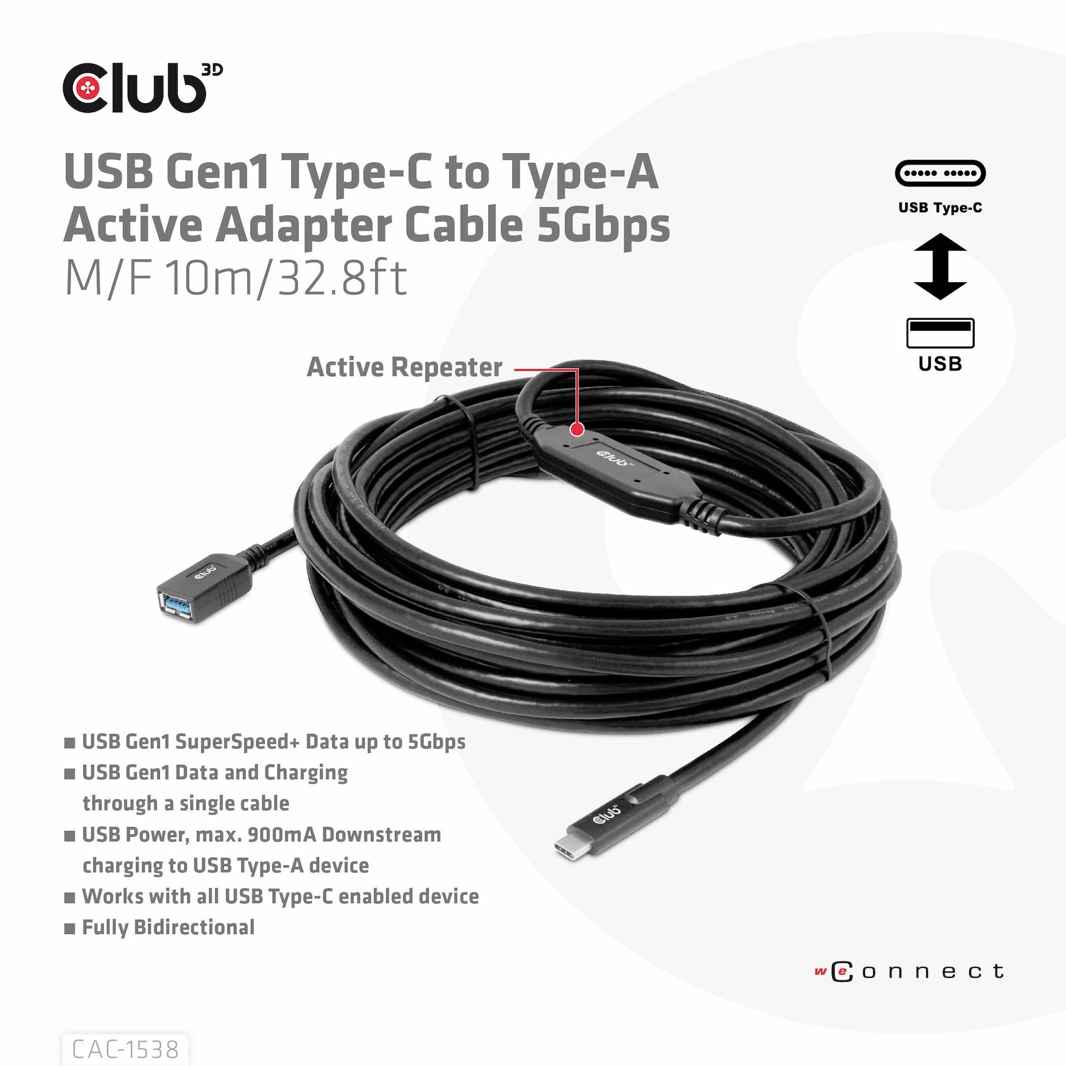 Crni USB kabel s Type-C do Type-A adapterom, dug 10 metara. Podržava SuperSpeed, prijenose podataka do 5 Gbps i USB napajanje.