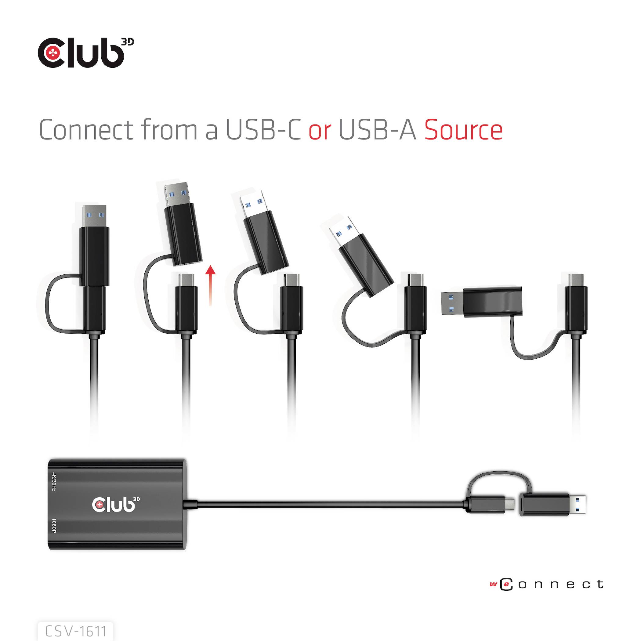 Pretvarač 'Club 3D Konverter' s USB-C i USB-A priključcima pokazuje kako se stvaraju povezivanja. Adapter jednostavno povezuje različite uređaje.