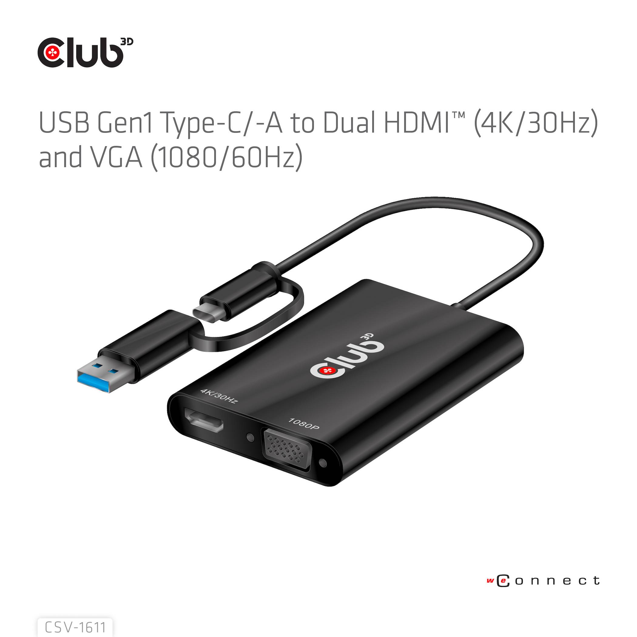 USB Gen1 Type-C/-A adapter na Dual HDMI (4K/30Hz) i VGA (1080/60Hz) od Club-a, s kabelom i USB priključkom.