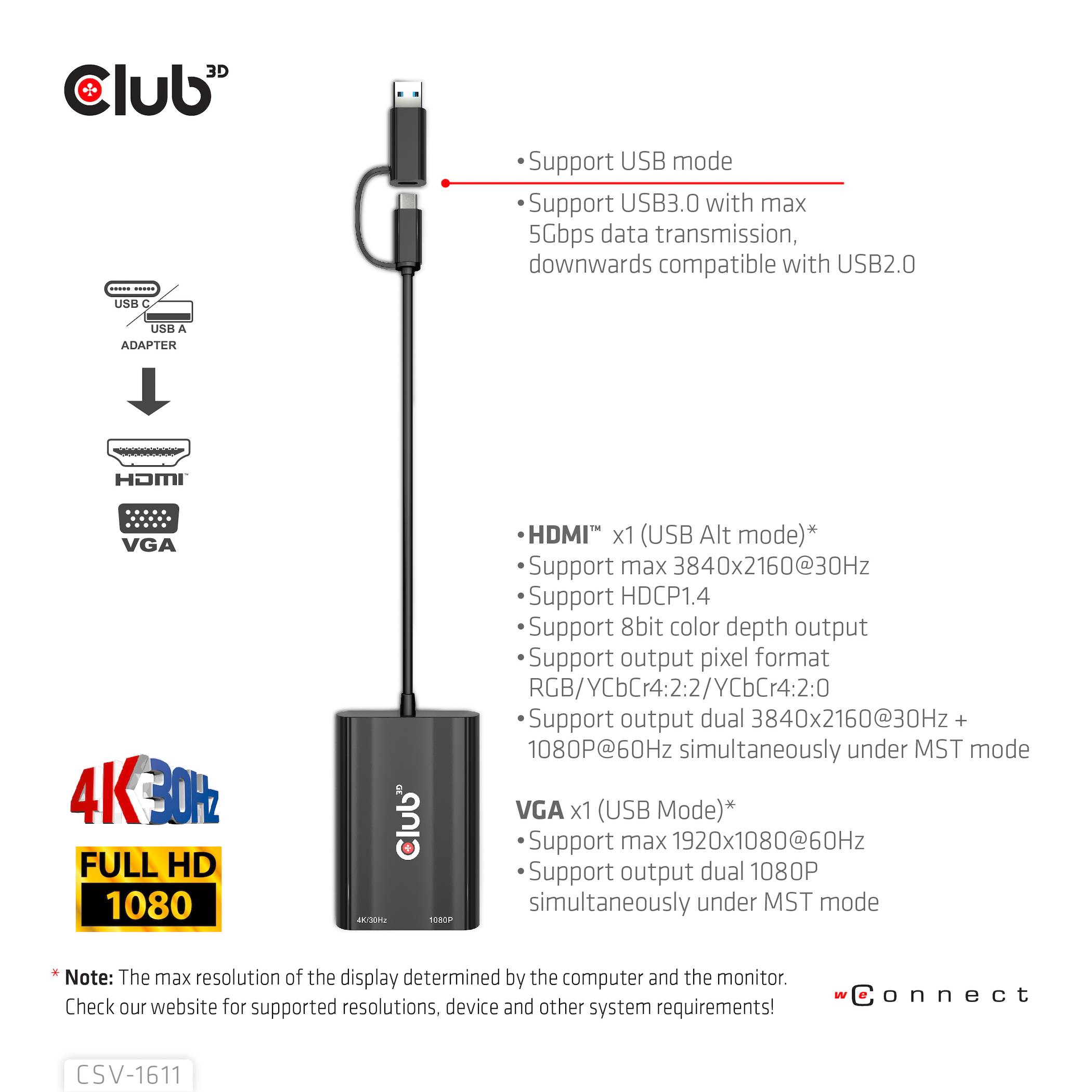 USB adapter s HDMI i VGA priključcima. Podržava USB3.0, HDMI do 4K, VGA do 1080p. Kompatibilan s USB2.0.