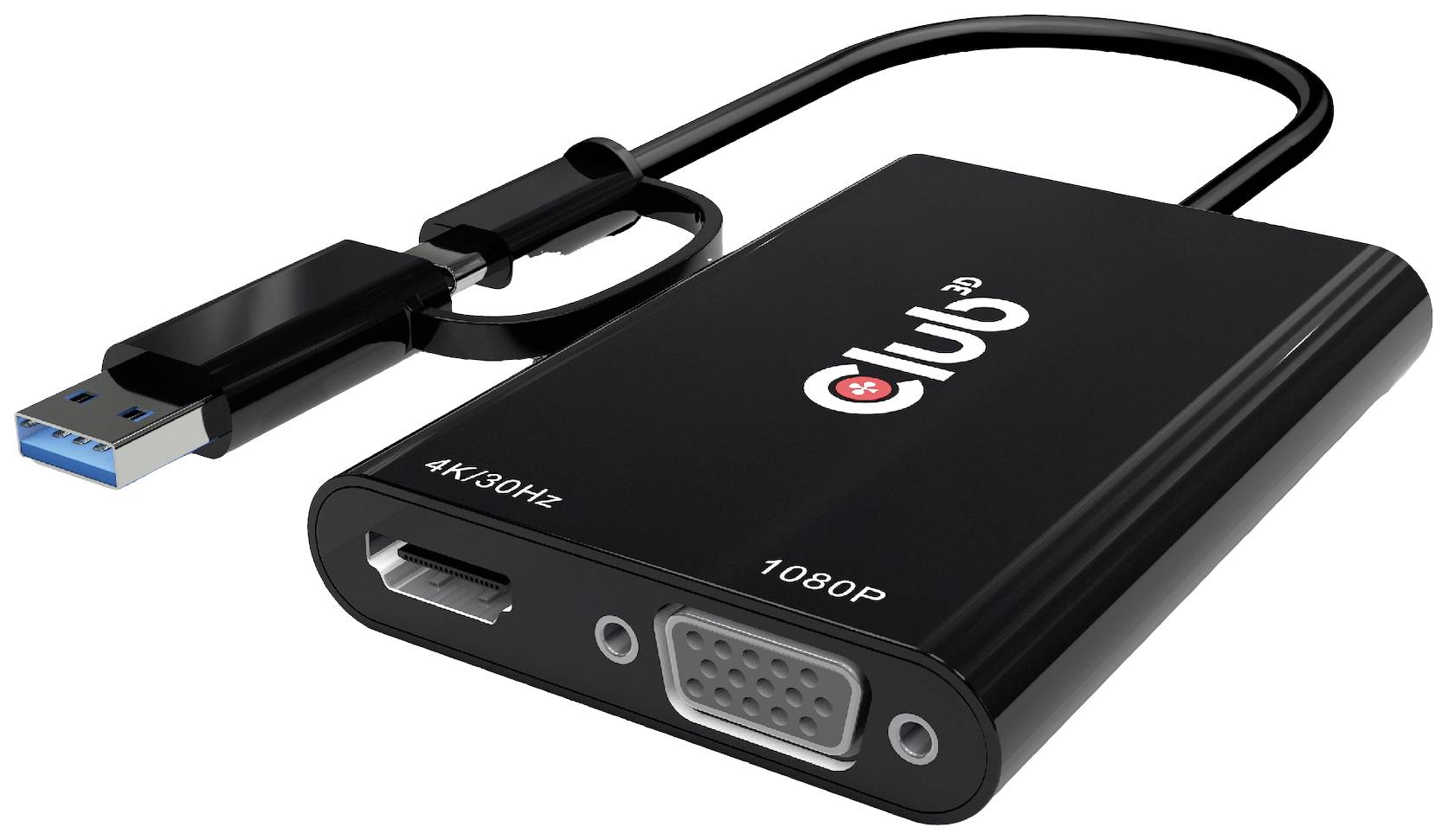 Crni adapter s USB priključkom i VGA portom. Vidljivi natpisi '4K@30Hz' i '1080P'.
