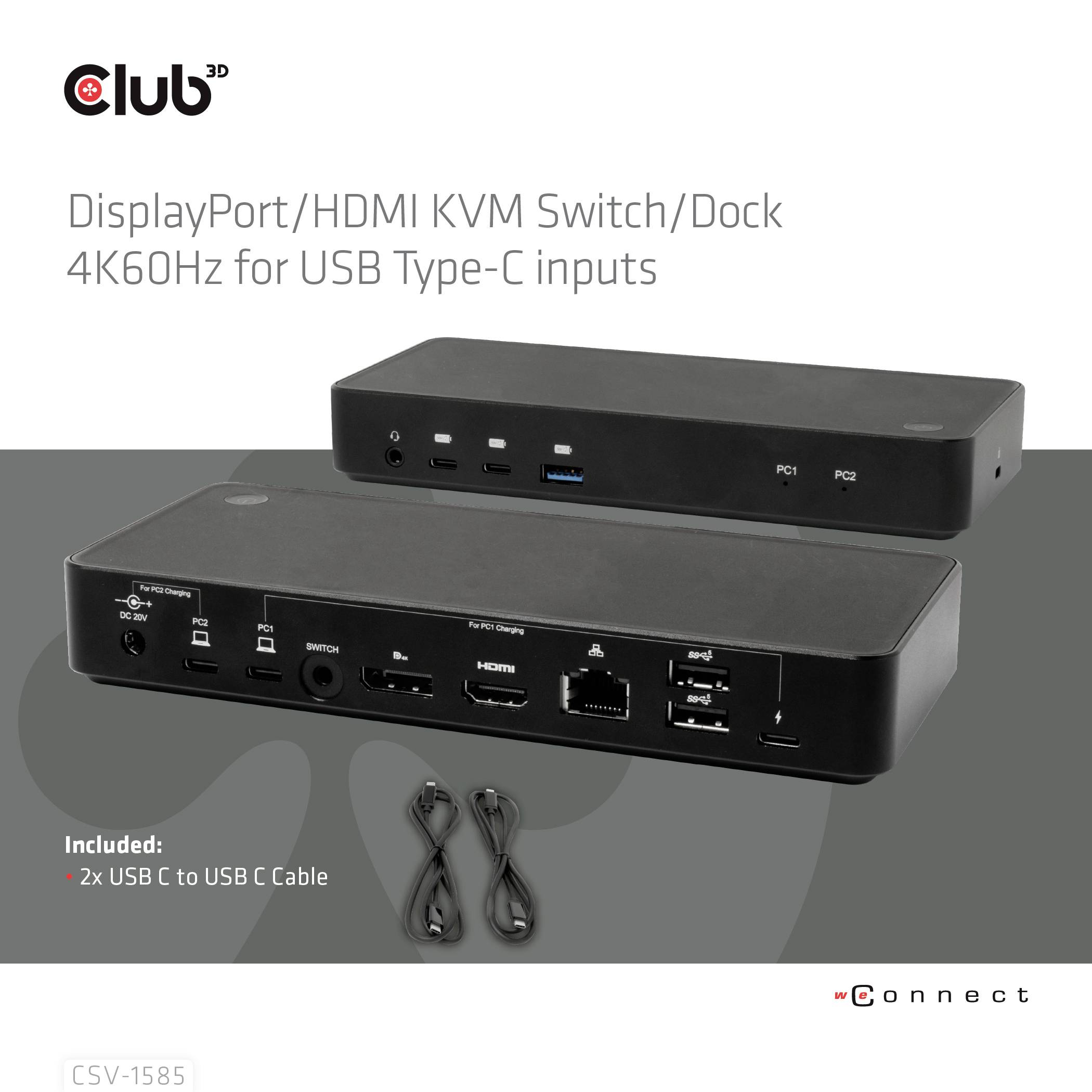 Prikazuje se DisplayPort/HDMI KVM preklopnik/dok s 4K60Hz za USB-C ulaze. U kompletu su uključena dva USB-C do USB-C kabela.