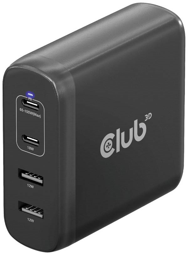 club3D CAC-1912 strujni adapter za prijenosno računalo 100 W 2x USB-A, 2x USB-C® Power Delivery crna unutrašnje područje GaN, USB power delivery (USB-PD)
