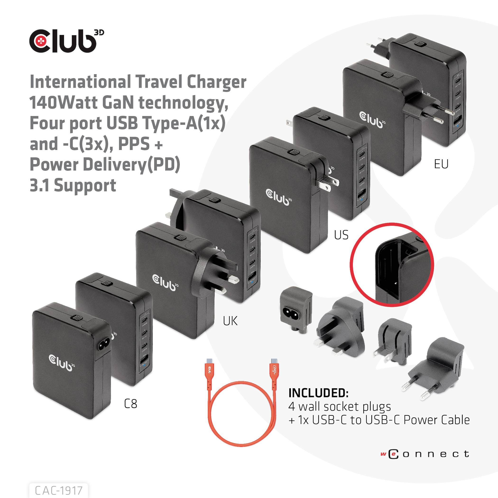 Međunarodni putni adapter s GaN tehnologijom, četiri USB priključka, uključujući EU-, UK-, US- i C8 utikače za globalnu upotrebu.