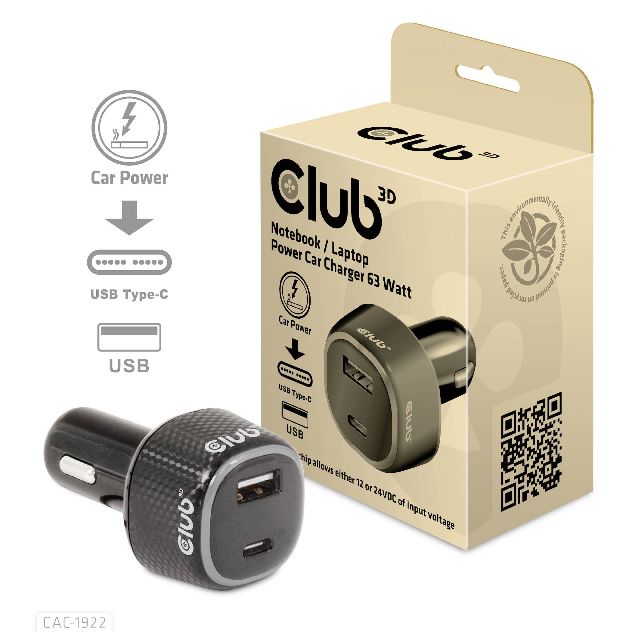 Auto-punjač za prijenosna računala 'Club 3D', 63 vata, s USB Tip-C i USB priključcima. Pakiranje prikazuje logo i QR-kod.
