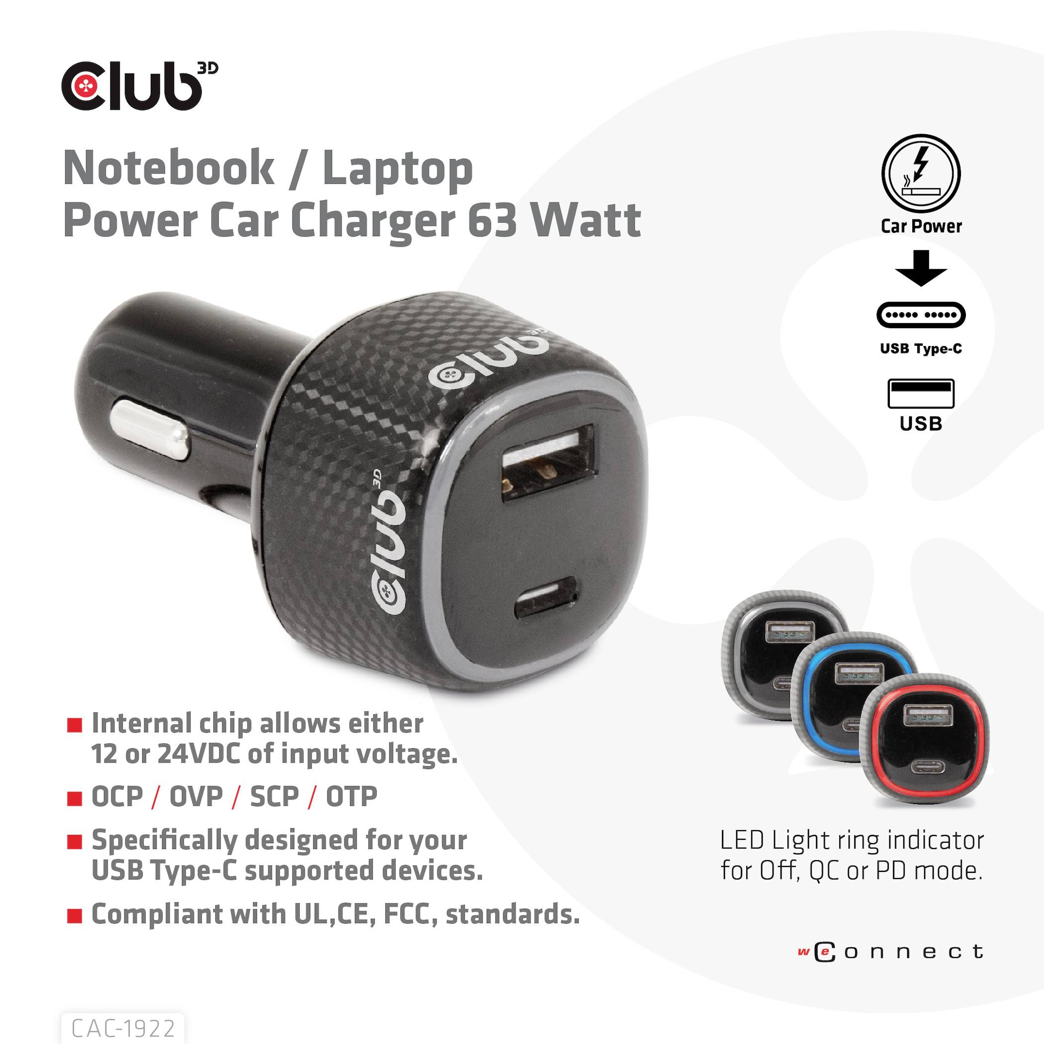 Automobilsko punjač za prijenosna računala/laptope od 63 watta. Podržava USB Tip-C. Integrirani čip za 12 ili 24 V. Podržava OCP/OVP/SCP/OTP.
