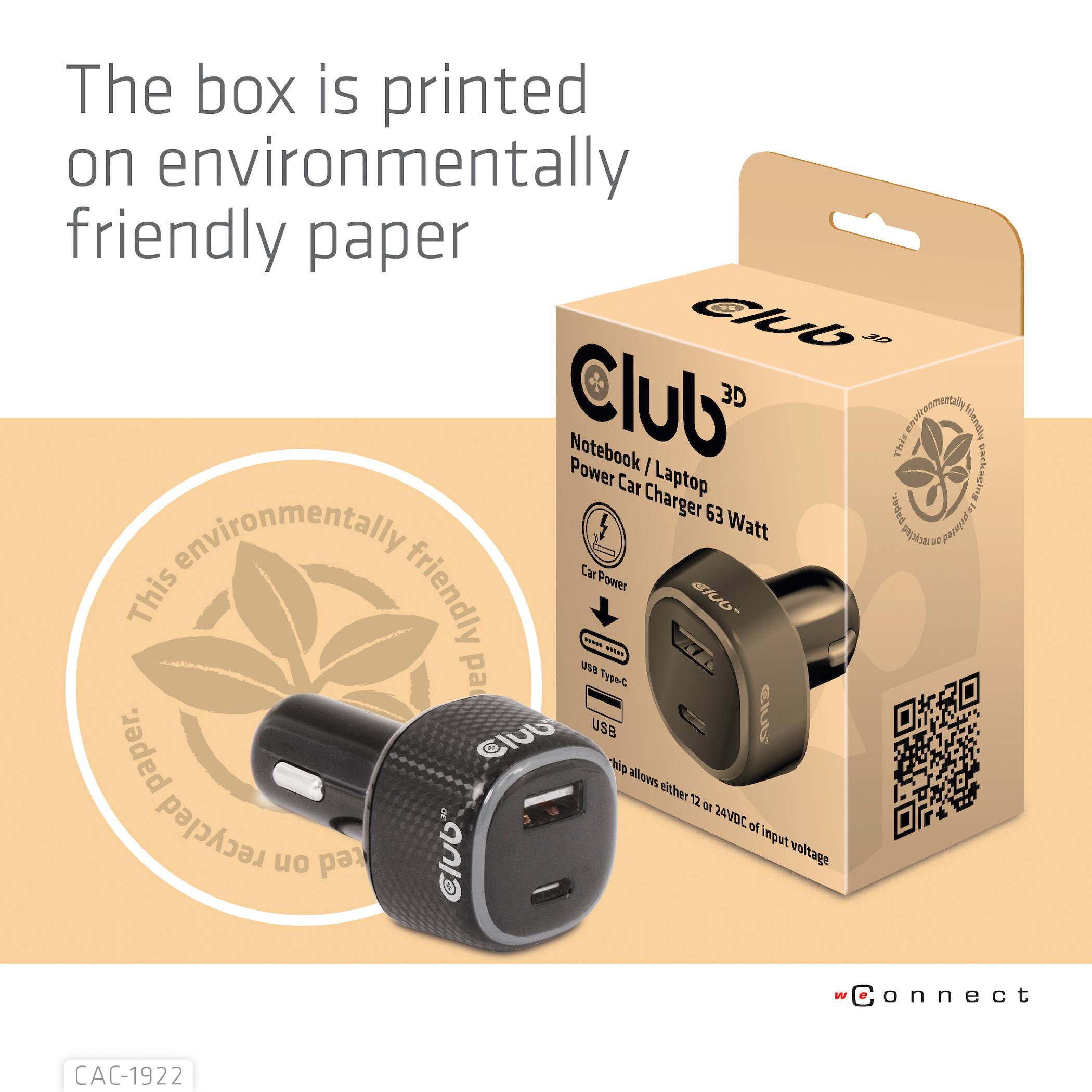 Punjač za automobil za prijenosno računalo 'Club 3D Notebook/Laptop Power Car Charger 63 Watt' tiskan na ekološkom papiru. Valjkasti punjač s USB priključkom.