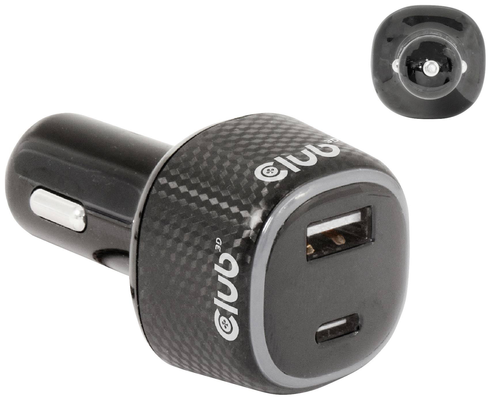 Crni USB auto punjač s dva priključka: USB-A i USB-C. Pogodan za punjenje uređaja u automobilu. Jasan, funkcionalan stil.