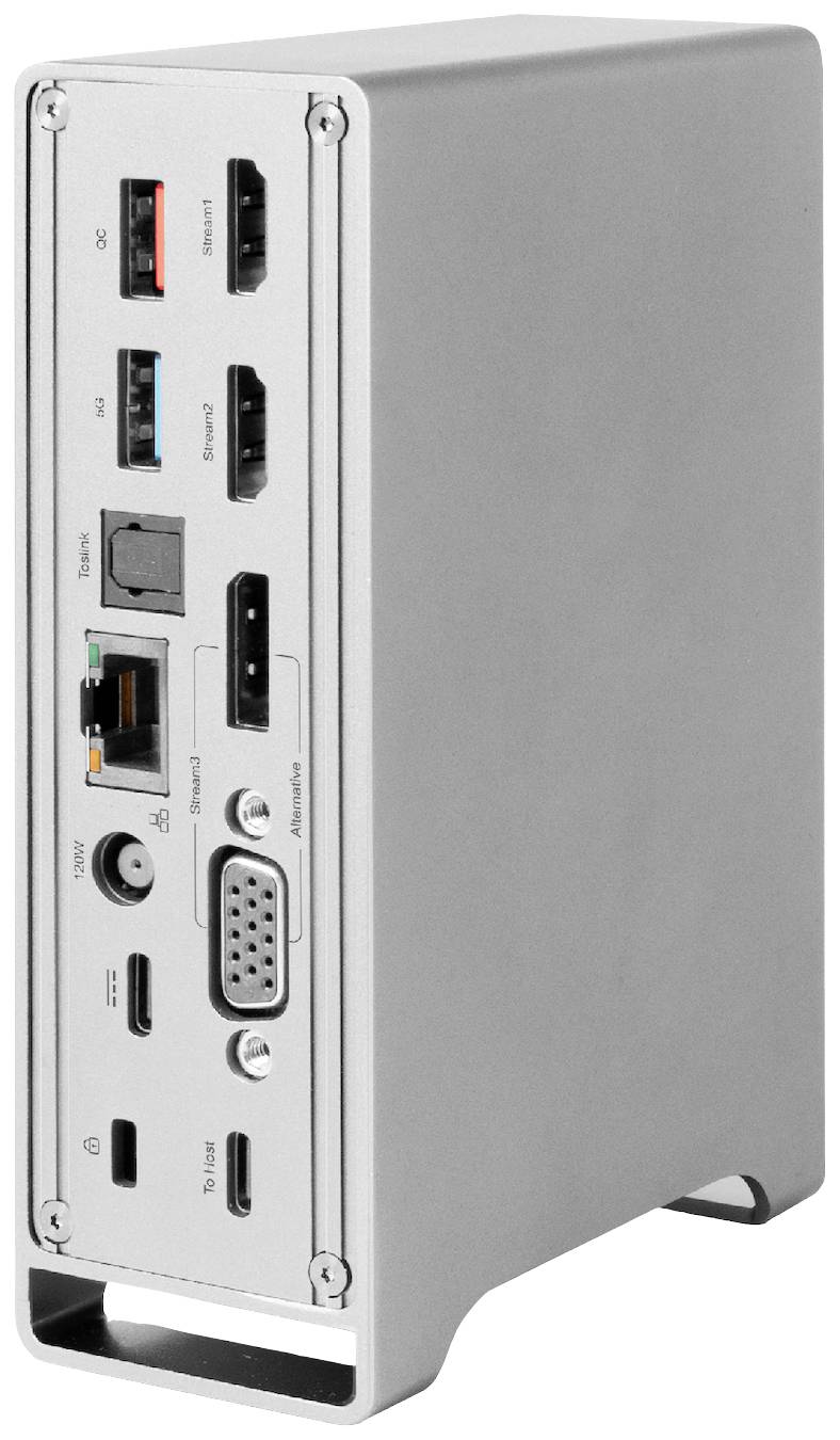 Siva dok-stanica s nekoliko priključaka: HDMI, USB, Thunderbolt, Ethernet i VGA.