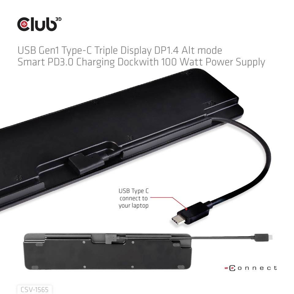 Dugi crni USB-C dok, koji povezuje prijenosno računalo s više zaslona i napajanja. Uključuje kabel s USB-C priključkom.