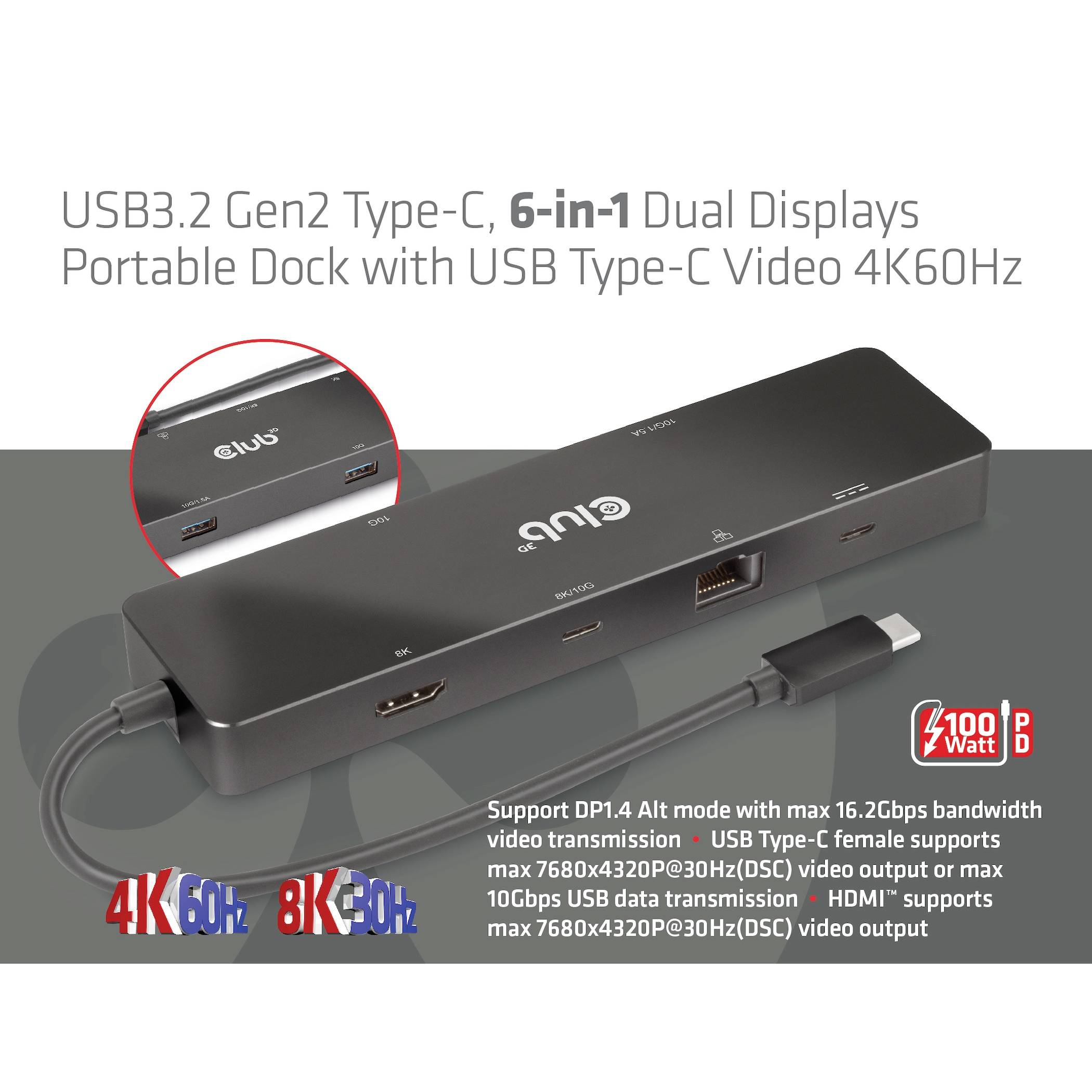 USB3.2 Gen2 Type-C 6-u-1 prijenosni dock za dva zaslona sVideo izlazom 4K60Hz, podržava 4K i 8K video.