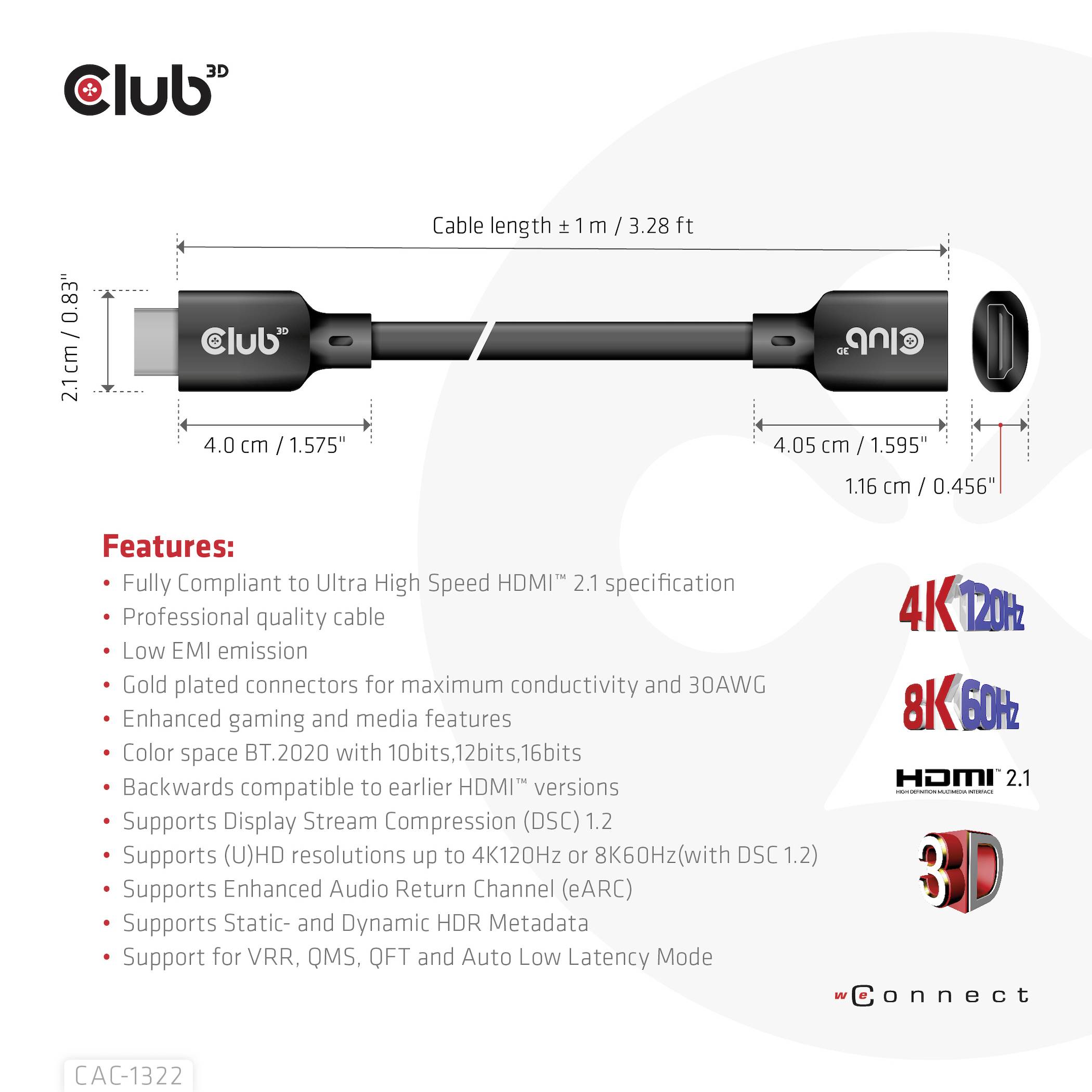 HDMI kabel s 3D logotipom, dužine 1 metar. Podržava HDMI 2.1 standard sa 4K rezolucijom pri 120Hz i 8K pri 60Hz. Karakteristike: eARC, dinamički HDR, potpuna kompatibilnost s Blu-ray uređajima i konzolama.