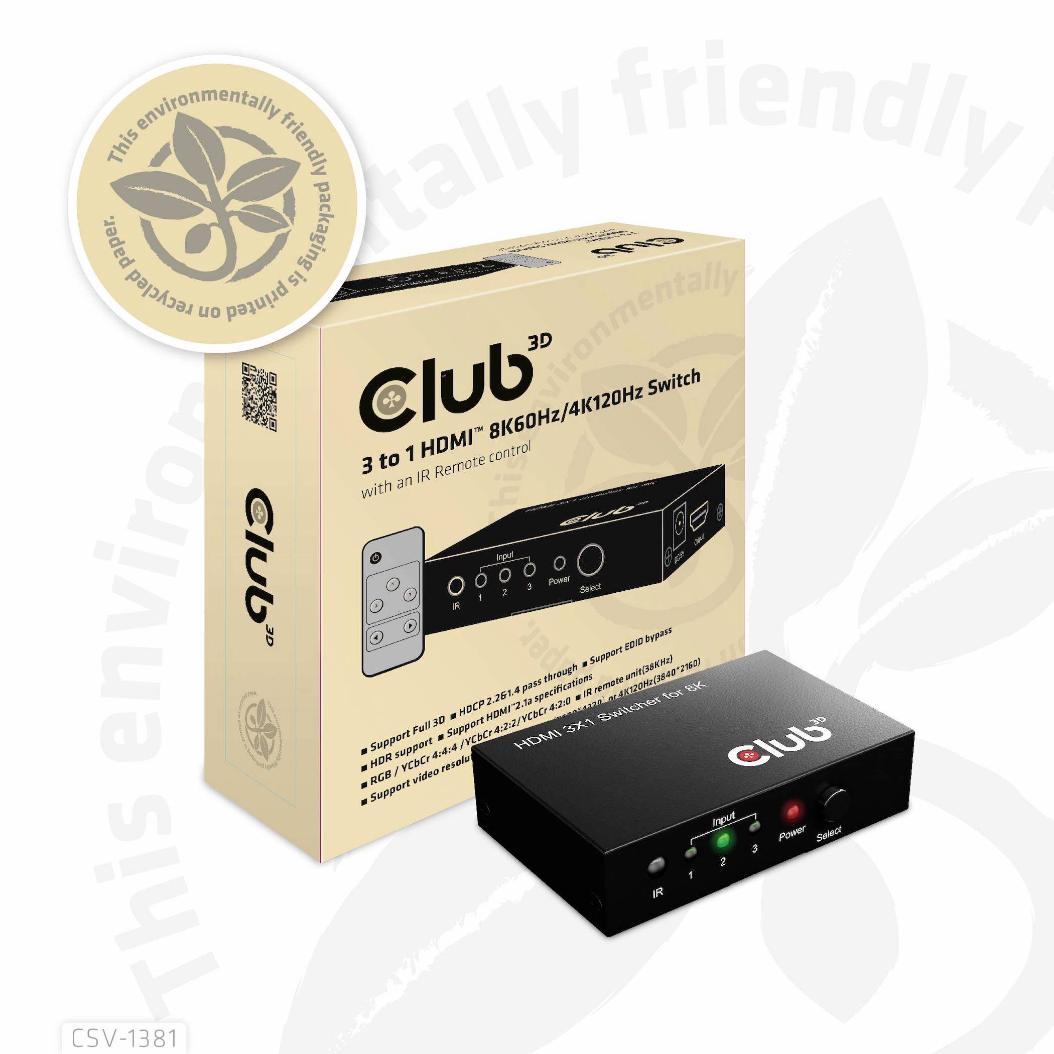 Pakiranje 3-portnog HDMI preklopnika tvrtke Club 3D s daljinskim upravljačem. Podržava 8K rezoluciju pri 60 Hz i 4K pri 120 Hz.