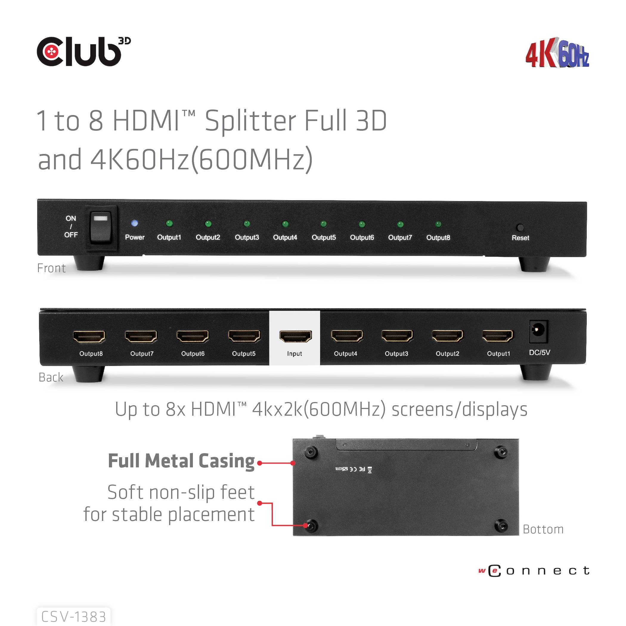 '1 na 8 HDMI Razdjelnik' s Full 3D i 4K60Hz podrškom. Pogled sprijeda prikazuje priključke i kontrolne lampice.