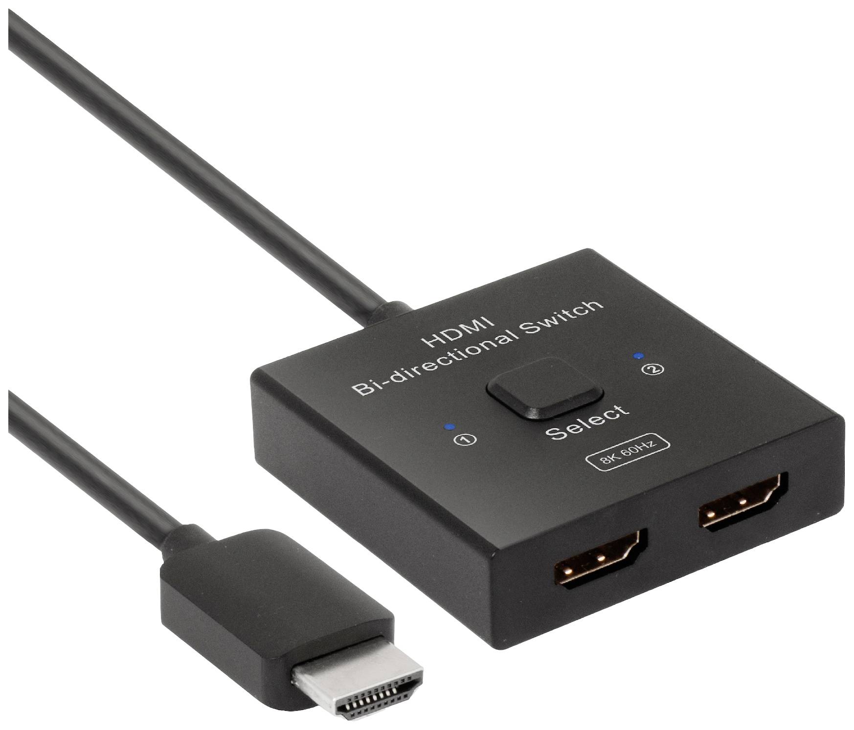 Crni HDMI dvosmjerni preklopnik s dva HDMI priključka. Uređaj za prebacivanje između dva HDMI izvora ili odredišta.
