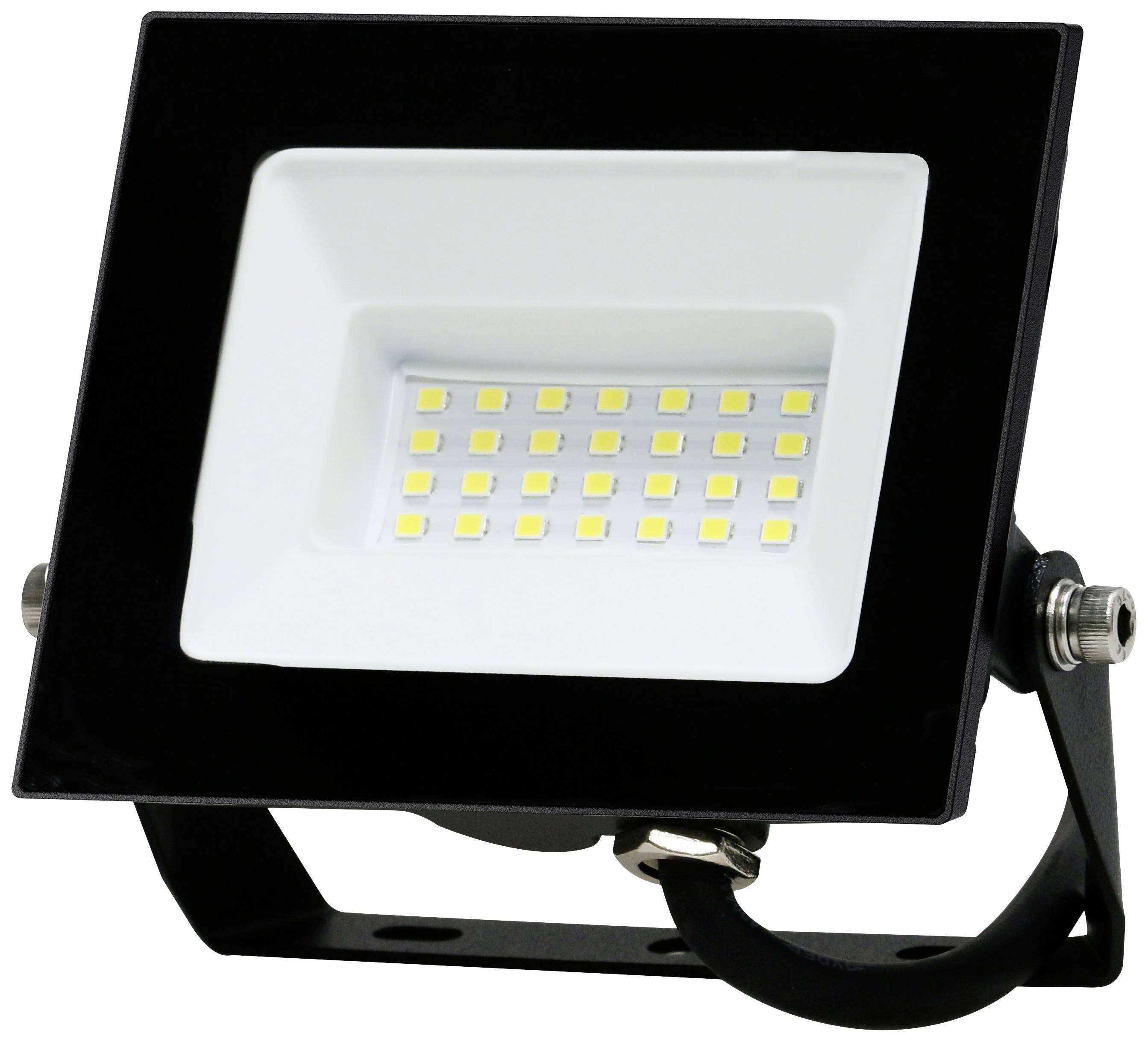 LED reflektor u crnom nosaču, osvjetljen nizom malih, kvadratnih svjetala u sredini.