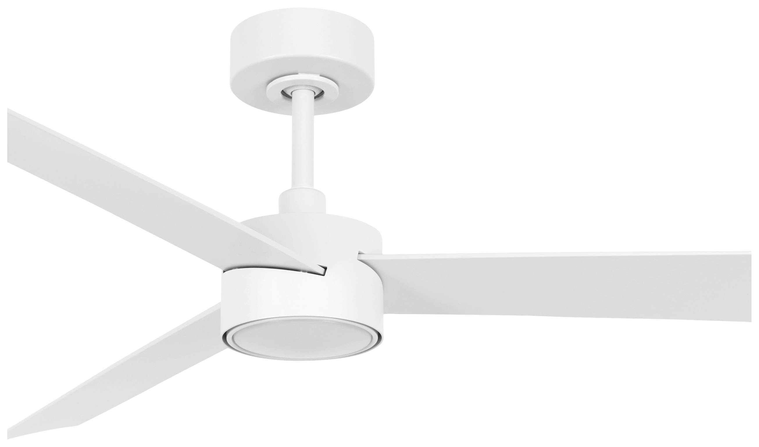 Stropni ventilator s tri bijela krila, modernog dizajna i kružnog kućišta motora. Idealan za suvremene unutrašnje prostore.