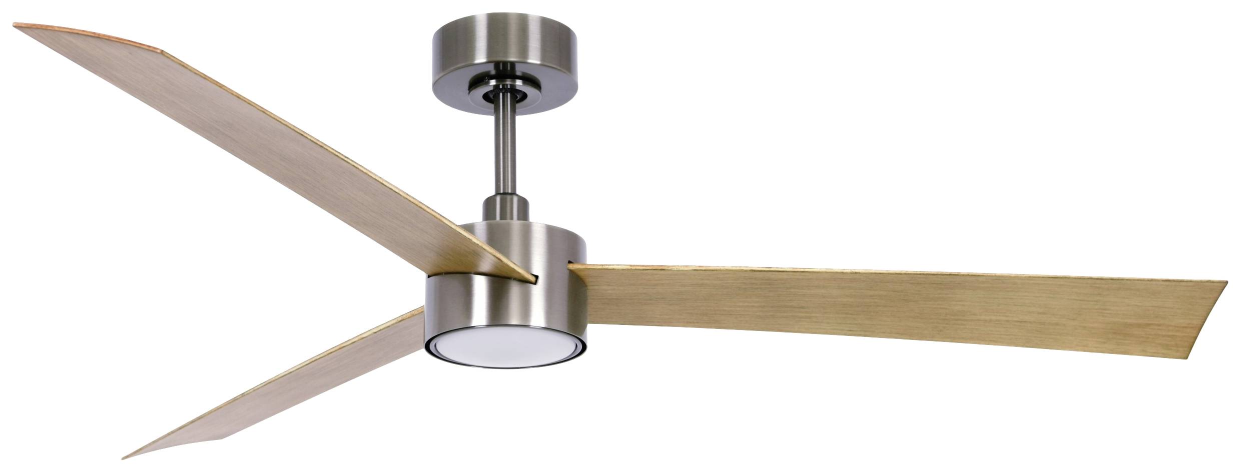 Stropni ventilator od metala s tri drvena krila i središnjom svjetiljkom.