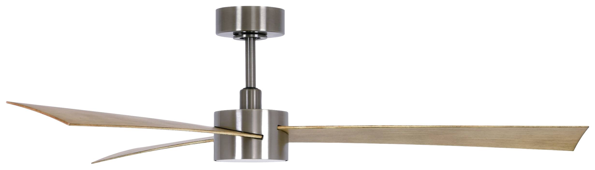 Stropni ventilator od metala s tri duge drvene lopatice, modernog dizajna.