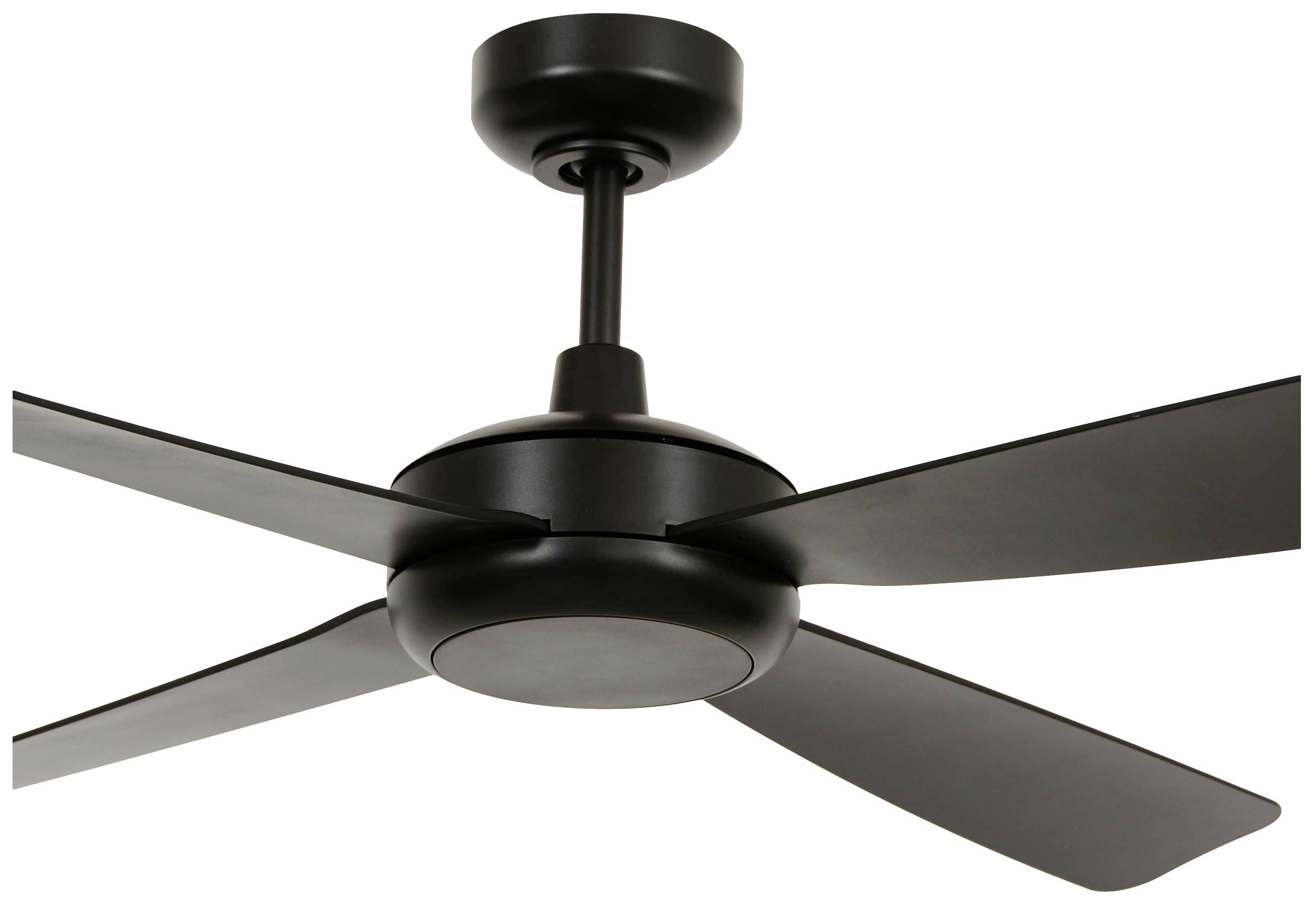 Stropni ventilator sa četiri crna krila pričvršćen na šipku na stropu.