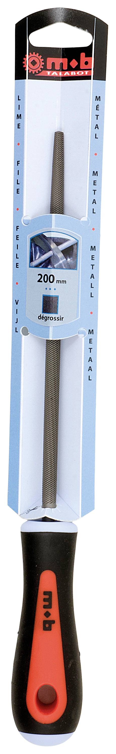 Ručna turpija u ambalaži, marka 'm+b', duga 200 mm, podesna za obradu metala. Ručka crno-narančaste boje, plava ambalaža.