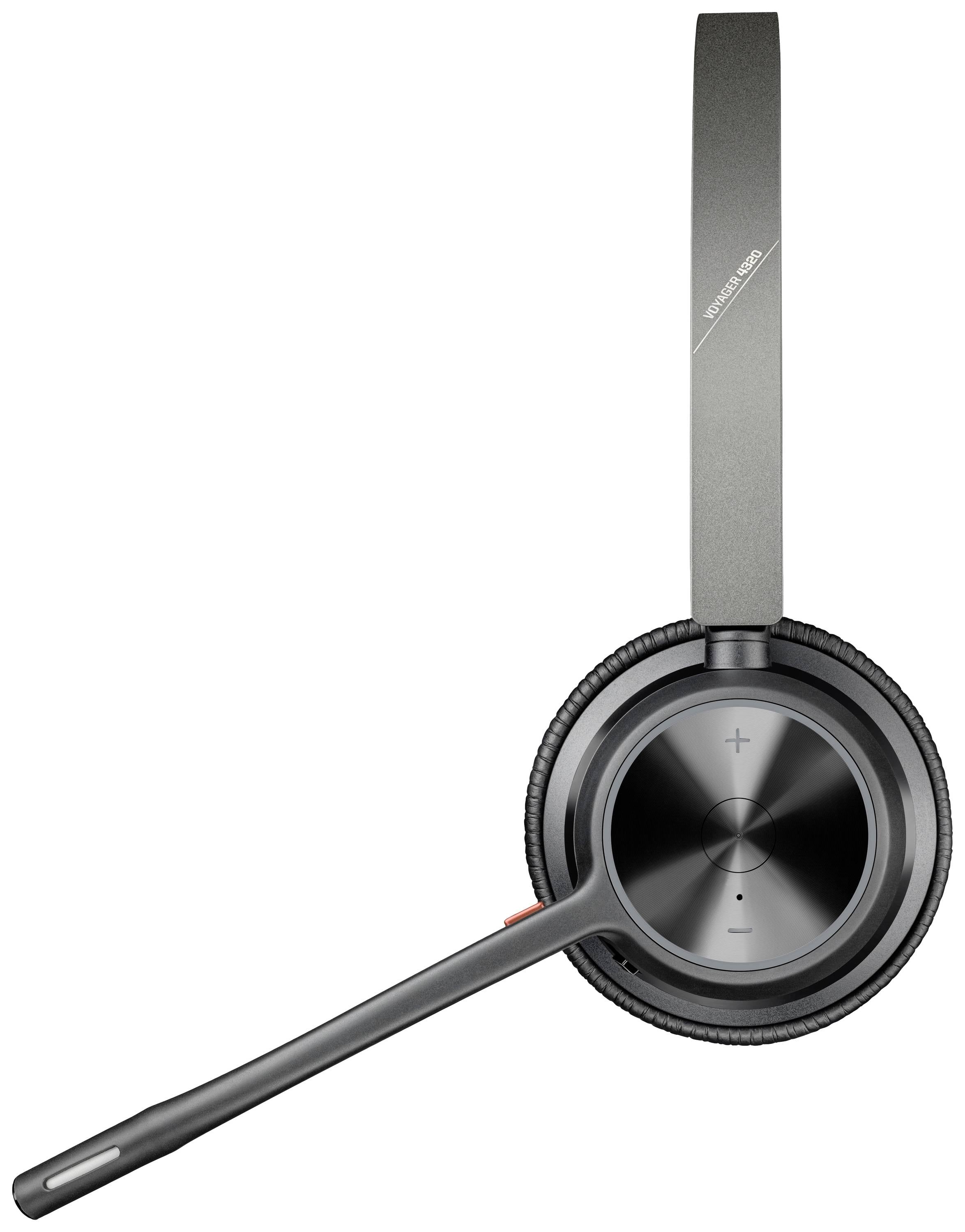 Crni headset s mikrofonskom rukom i kontrolnim tipkama, pogodan za telefonske konferencije ili glazbu. Oznaka pokazuje regulator glasnoće.