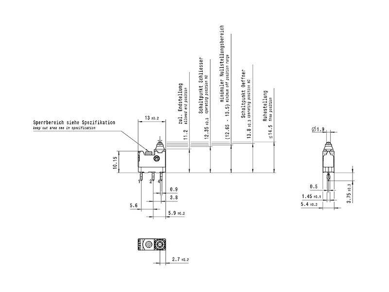 Tehnički dijagram prikazuje dimenzije male električne komponente s preciznim mjerama izraženim u milimetrima.
