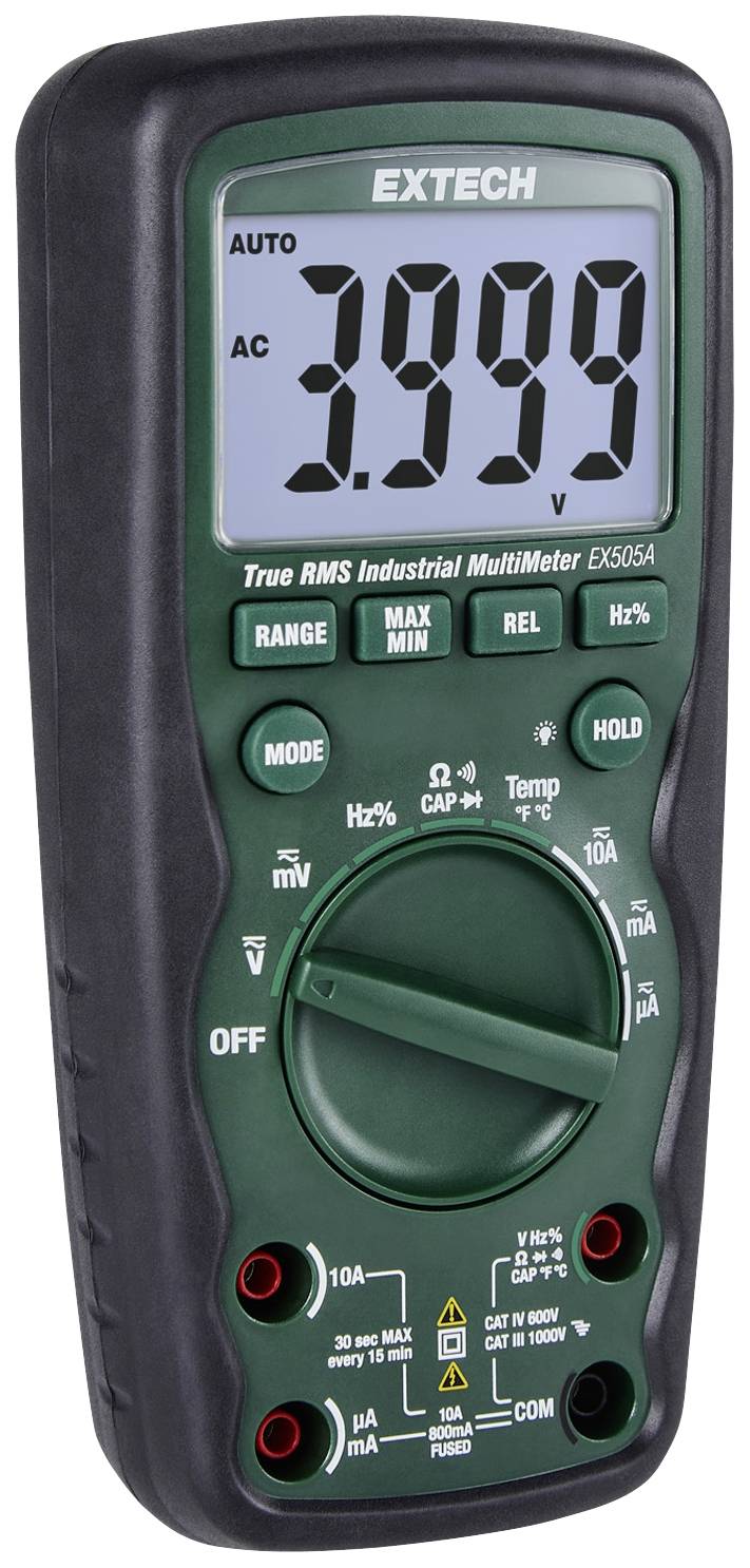 Digitalni multimetar Extech EX505A s velikim zaslonom '3.999' i brojnim funkcijskim tipkama za mjerenje napona, otpora i struje.
