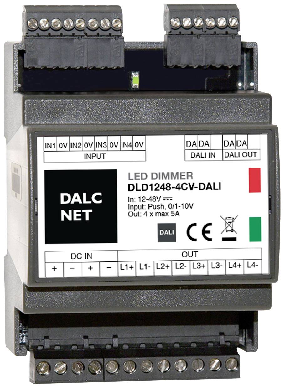 LED-Dimmer DLD1248-4CV-DALI, DALCNET. Ulaz: 12-48V, Push, 0/1-10V. Izlaz: 4 x maks 5A. Elektronička naprava za upravljanje osvjetljenjem.