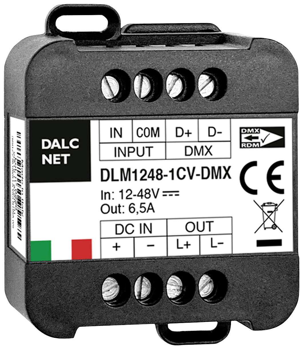 Crni električni DMX-dimmer s oznakama za ulaze i izlaze na prednjoj strani. Naziv marke 'DalcNet'.