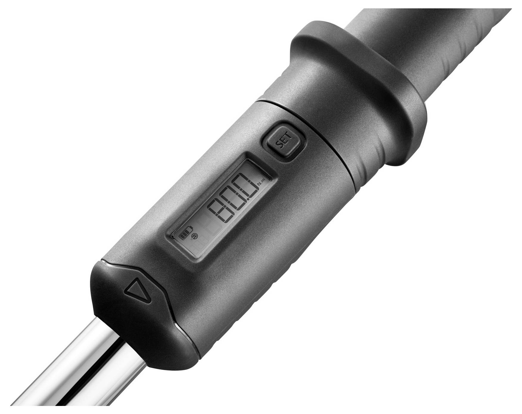 Digitalni termometar s LCD zaslonom pokazuje 80,0 stupnjeva Celzijusa. Crućeg kućišta, dvije tipke za podešavanje temperature.