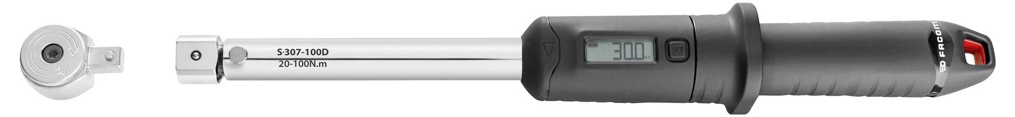 Digitalni moment ključ s LED zaslonom prikazuje '3.0' Nm. Drška s crvenim gumbom, srebrno produženje.