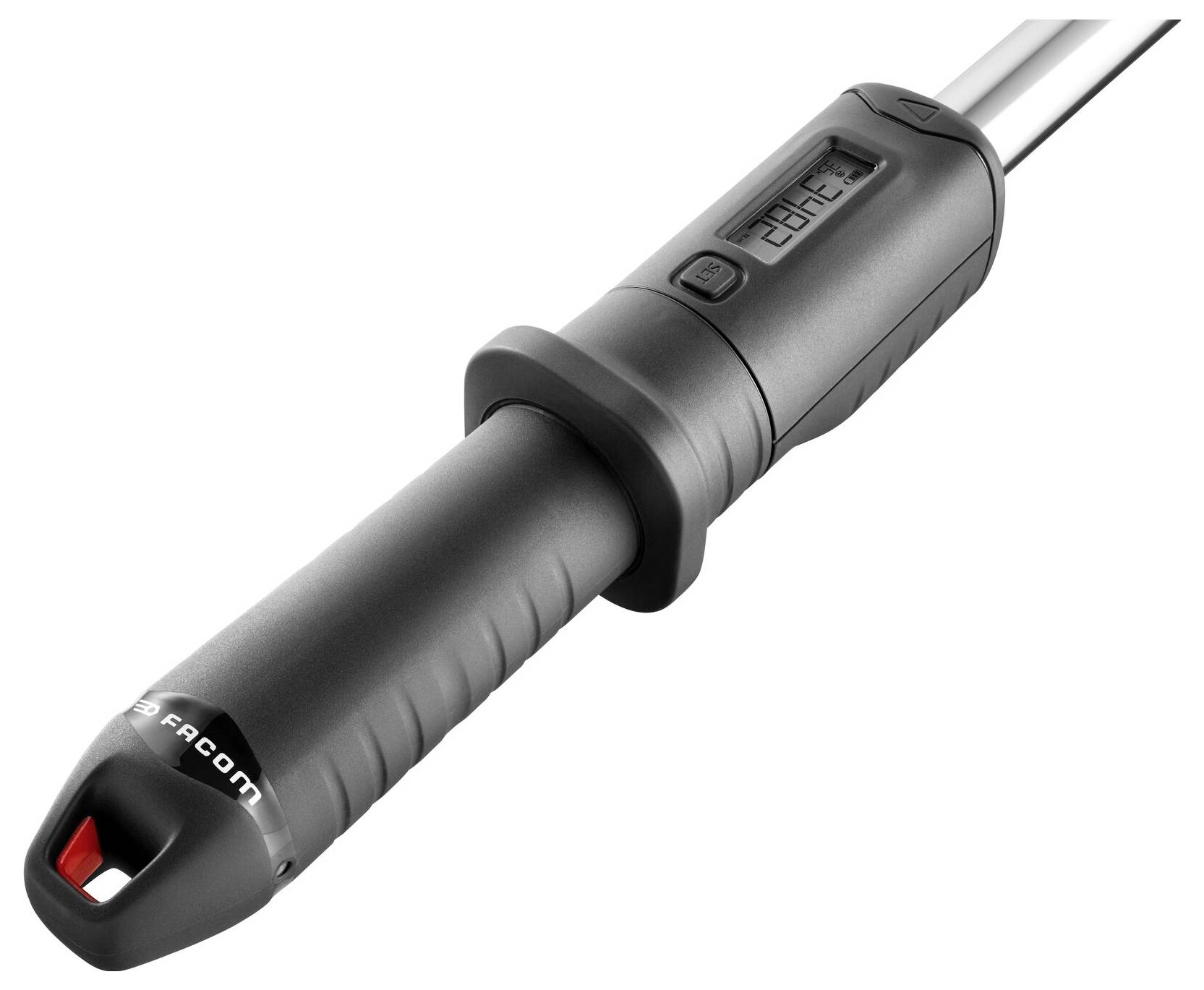 Digitalni momentni ključ s digitalnim zaslonom za prikaz postavki; crna drška; vidljivo ime marke.