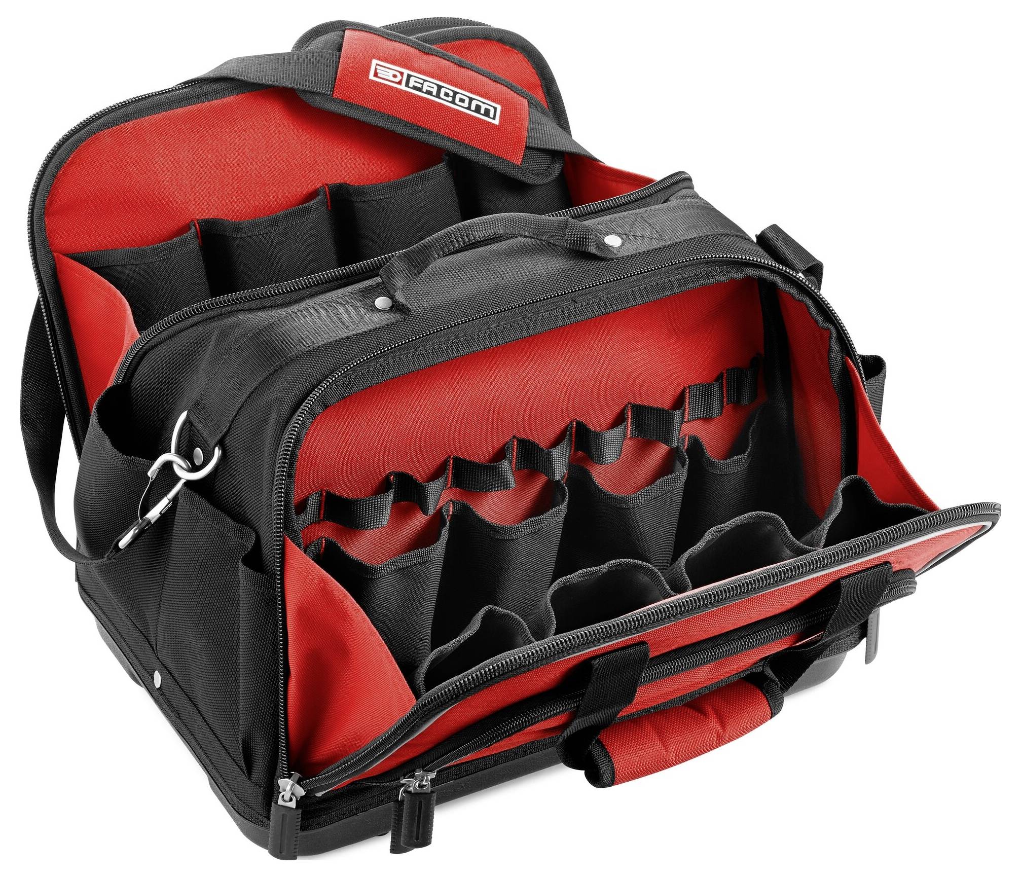 Crna torba za alat s crvenim unutarnjim pregradama, više džepova i ručkom, idealna za pohranu i organizaciju alata.