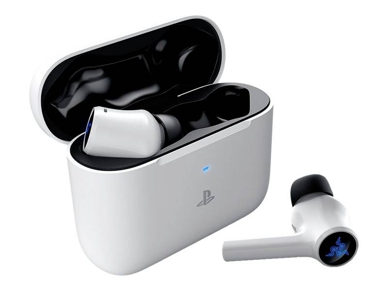 Bežične bijele slušalice u otvorenom punjačkom kutiji, označene plavim svjetlom i PlayStation logom.