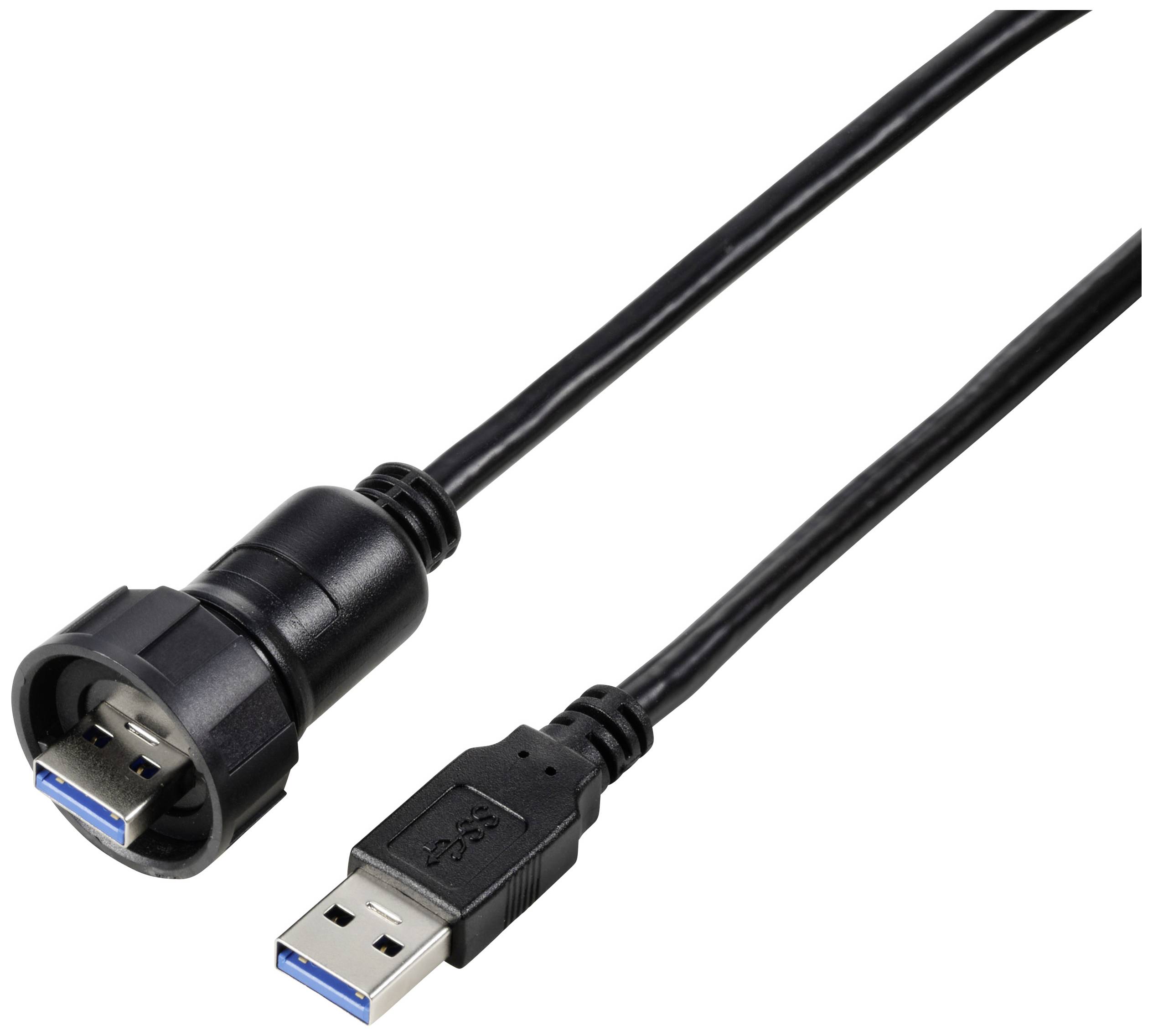 Crni USB 3.0 kabel s standardnim USB utikačem i vijčanim priključkom za specijalne uređaje ili mogućnosti montaže.