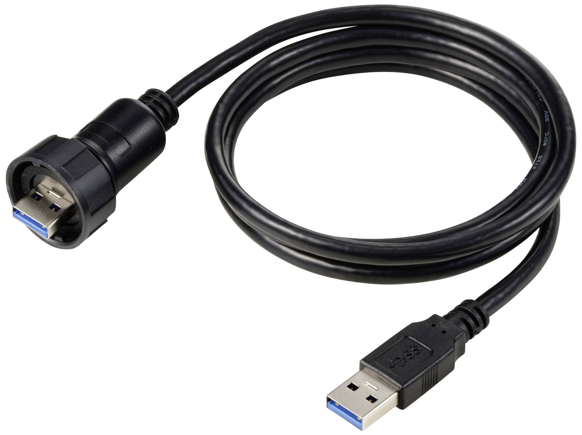Crni USB kabel s muškim i ženskim priključkom, pogodan za prijenos podataka i povezivanje uređaja.