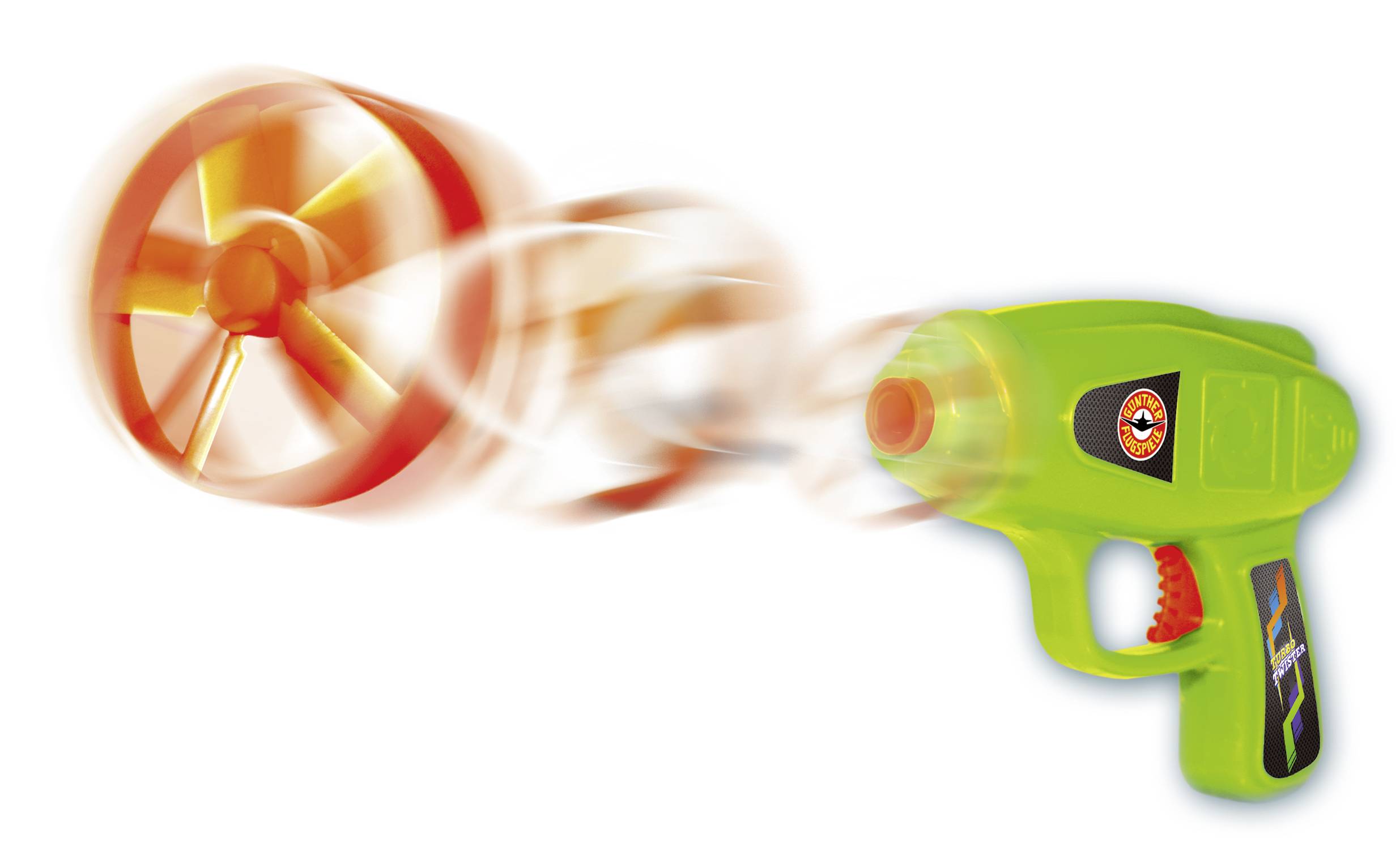 Igračka pištolj od zelenog plastičnog materijala s rotirajućim narančastim diskom koji se može ispaliti. Idealan za djecu.