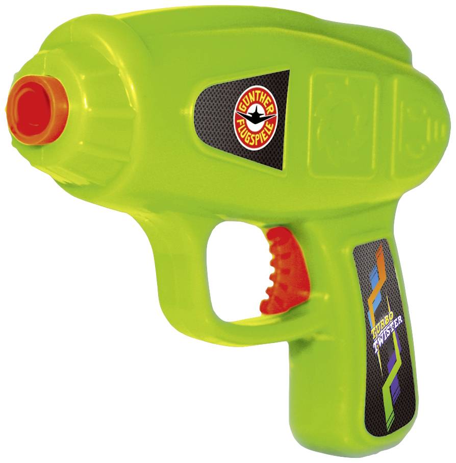 Zelena vodena pištoljka s crvenom mlaznicom i šarenom naljepnicom sa strane.