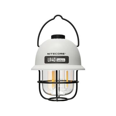 Prijenosna svjetiljka s crnom ručkom i kućištem. Tekst na svjetiljci: 'Nitecore LR40 Lantern'.