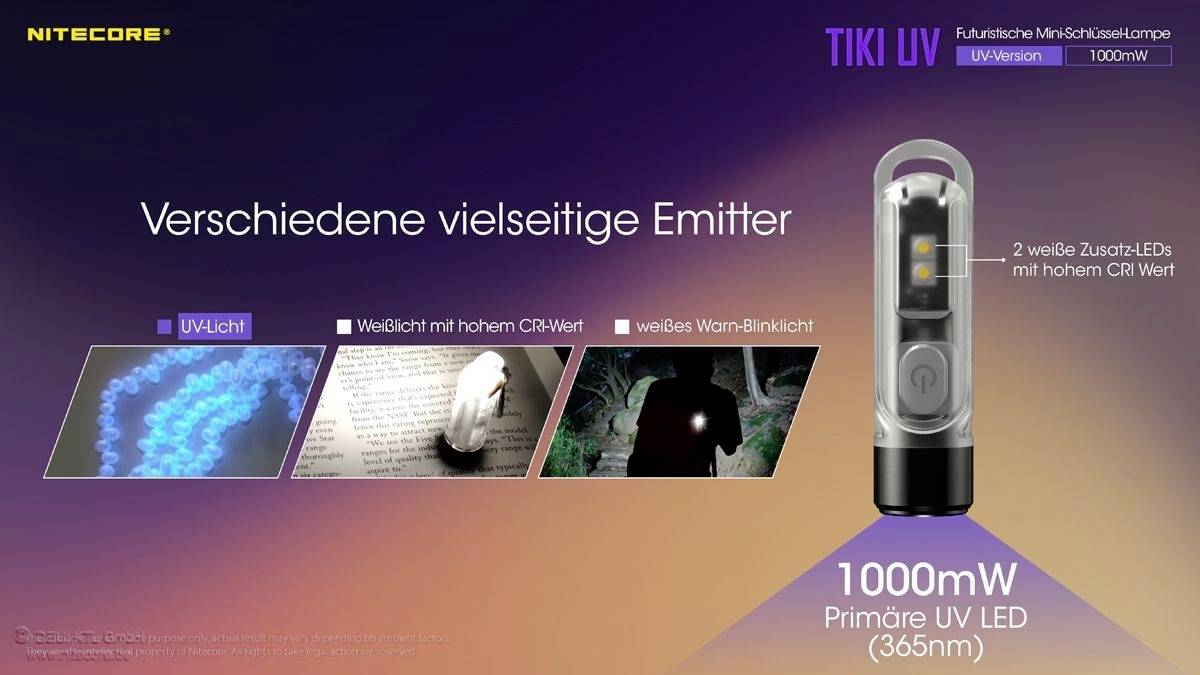 "Različiti višenamjenski emitori" prikazuje nekoliko svjetlosnih izvora i njihove namjene. Glavna svjetlosna izvora je 1000mW UV LED (365nm).