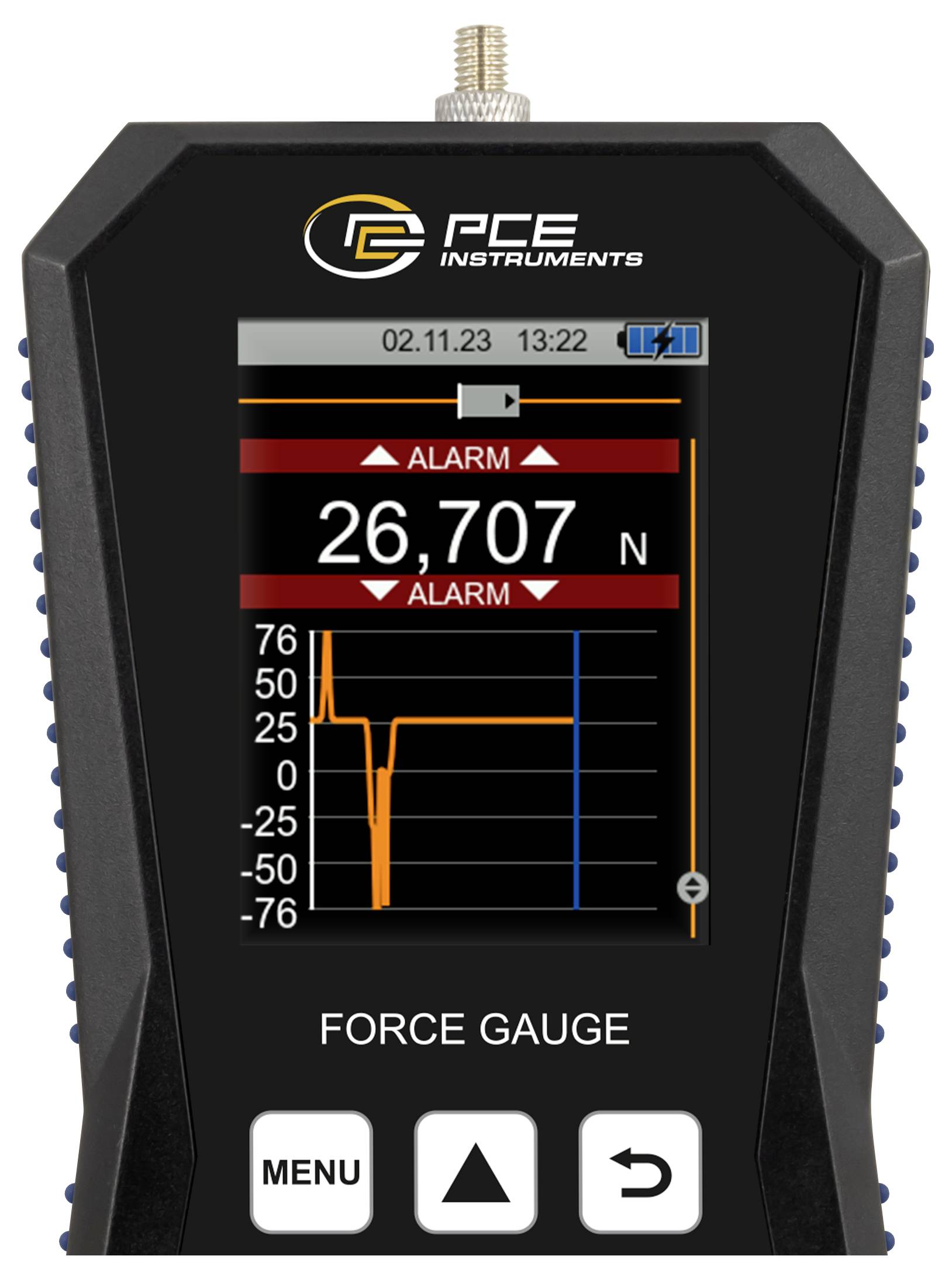Prenosivi PCE instrument mjerač sile koji prikazuje očitanje sile od 26.707 N s indikatorima alarma i malim grafom trenda.