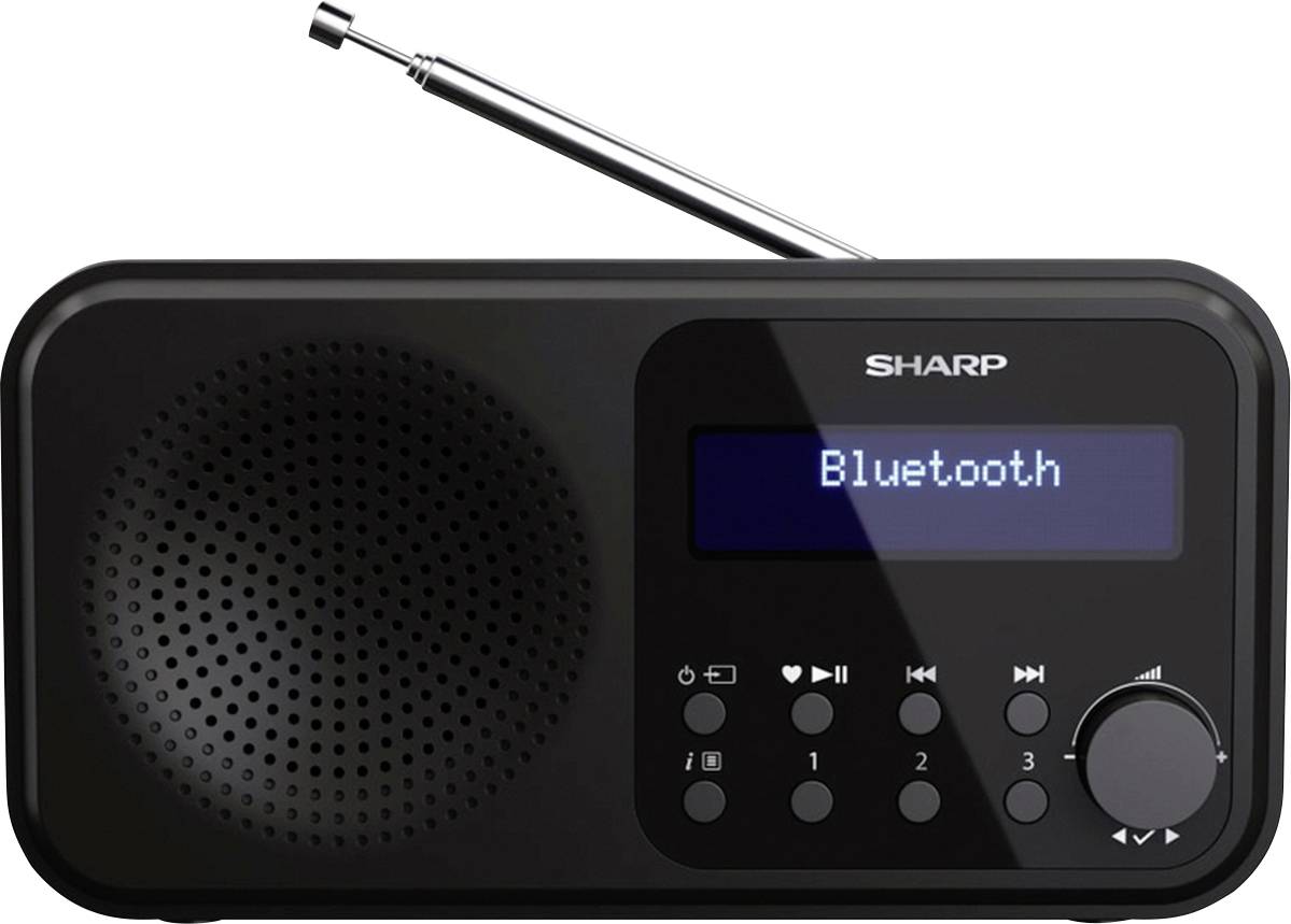 Crni prijenosni radio s ugrađenim zvučnikom i antenom prikazuje 'Bluetooth' na zaslonu. Naziv marke gore.