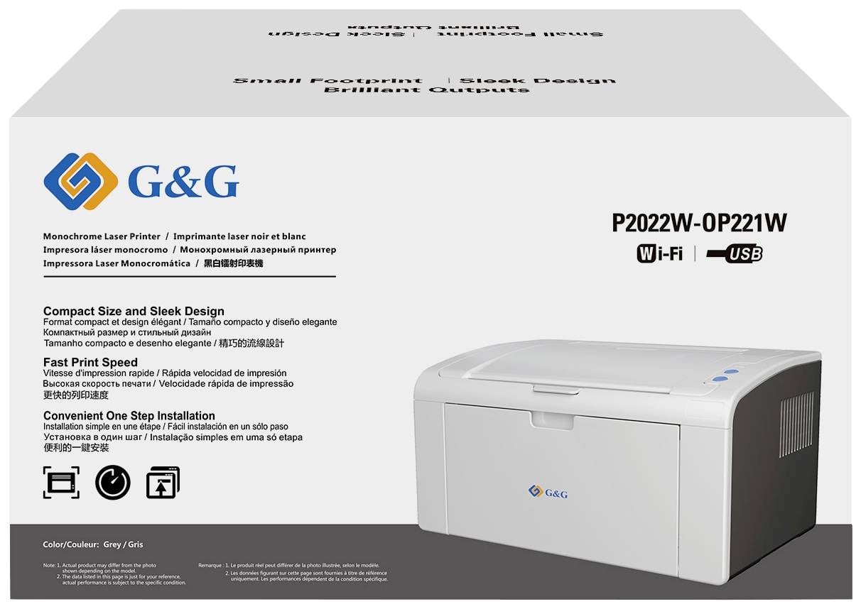 Ambalaža G&G monokromnog laserskog pisača. Karakteristike: brzo štampanje, kompaktan, jednostavna USB i Wi-Fi instalacija.