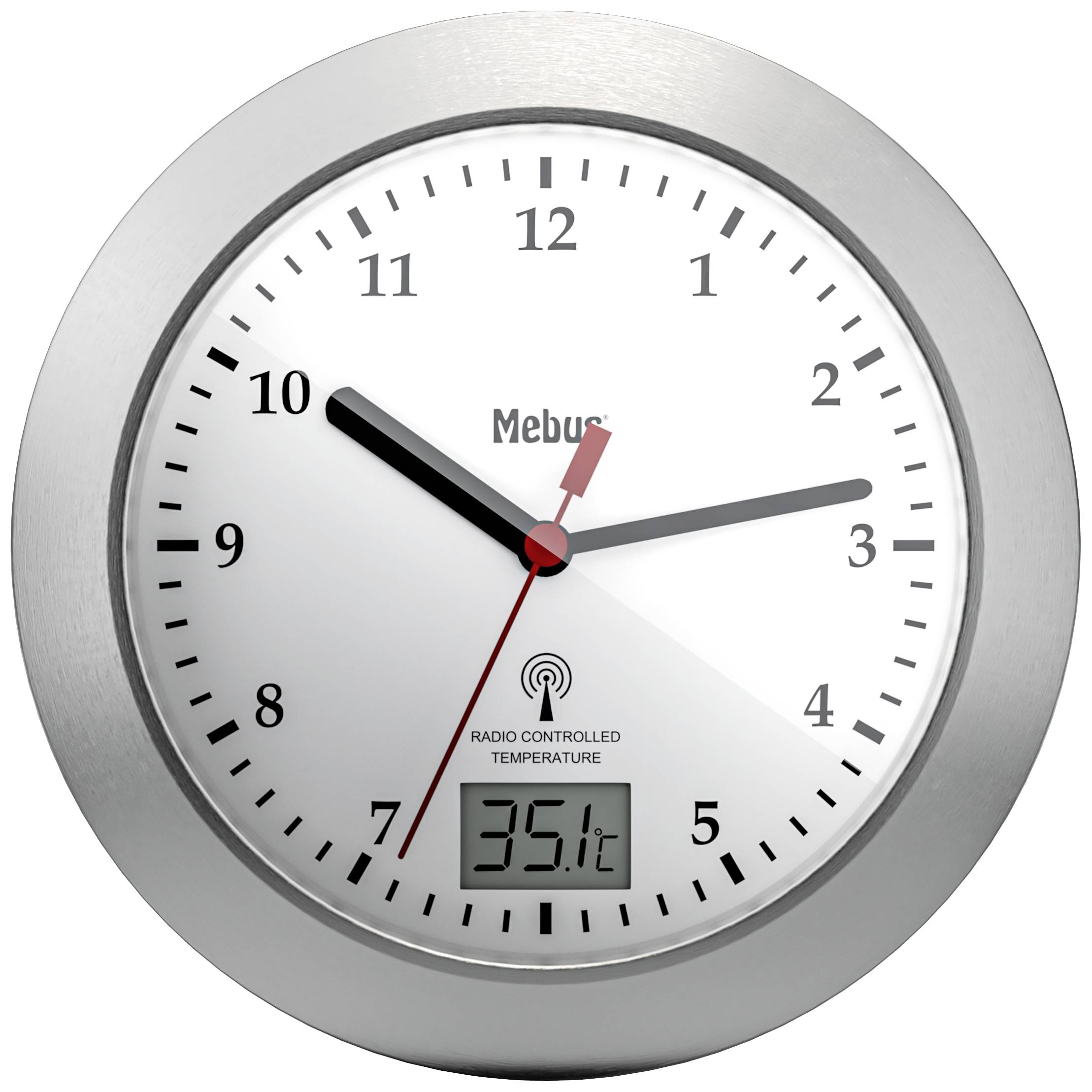 Okrugla zidna sat s crnim satnim i minutnim kazaljkama, crvenom sekundnom kazaljkom. Digitalni zaslon dolje prikazuje '35.1°C'.