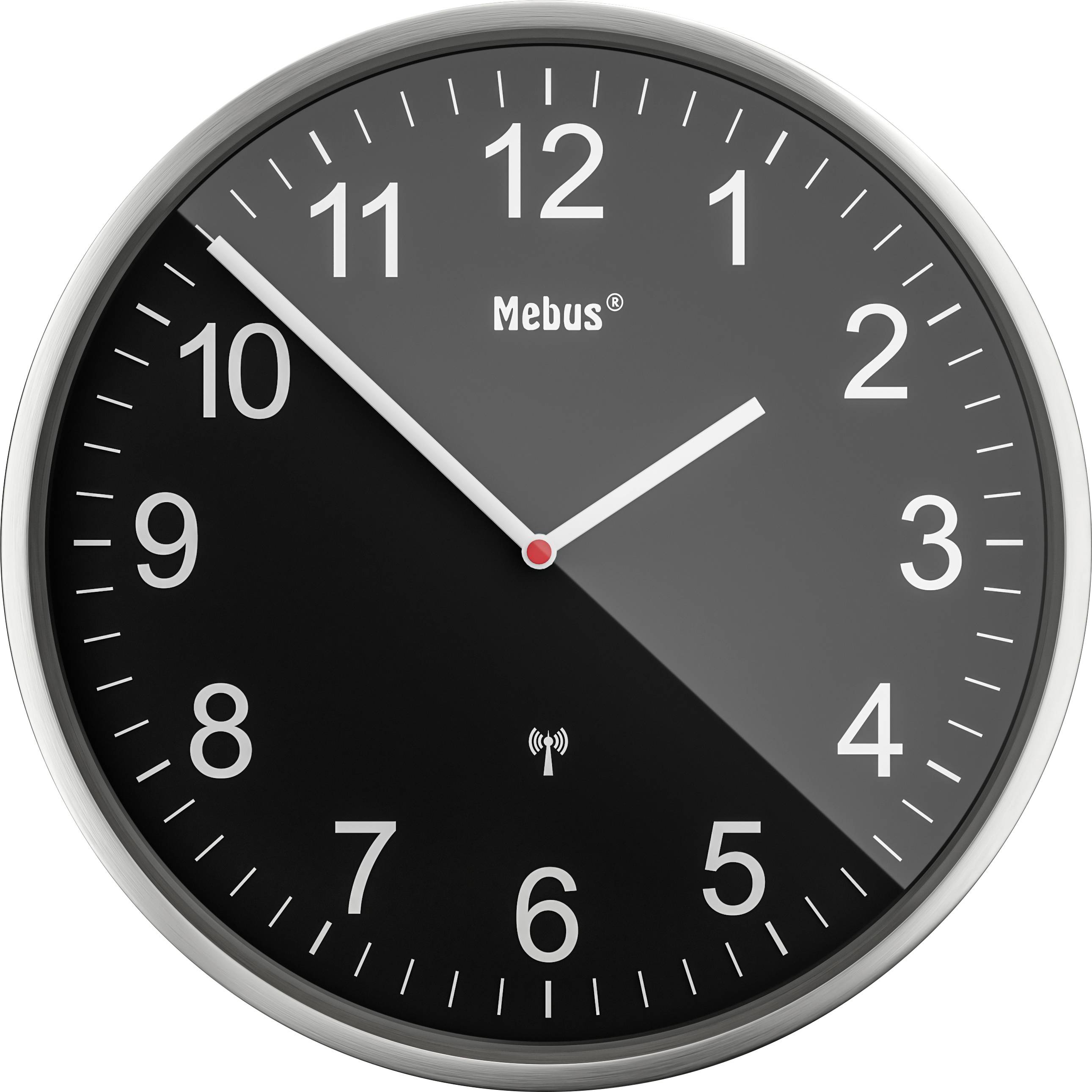 Okrugli crni zidni sat s bijelim brojevima i kazaljkama pokazuje vrijeme 10:10.