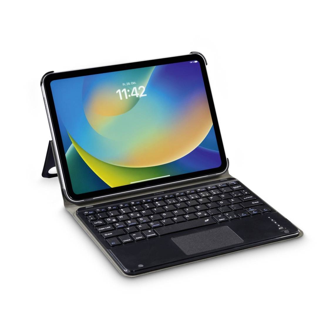 Tablet prikazan s vremenom 11:42 u tipkovničkom poklopcu, otvoren i postavljen. Zaslon prikazuje apstraktnu, šarenu pozadinu.