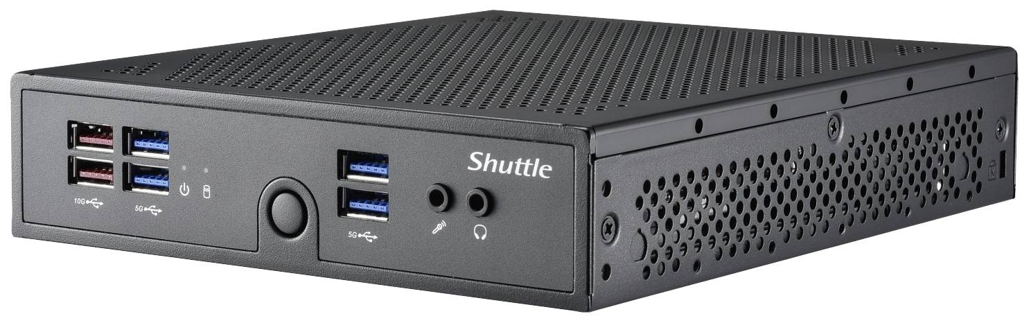 Kompaktan, crni računar s nekoliko USB priključaka sprijeda i ventilacijskim otvorima. Logo 'Shuttle' je vidljiv.